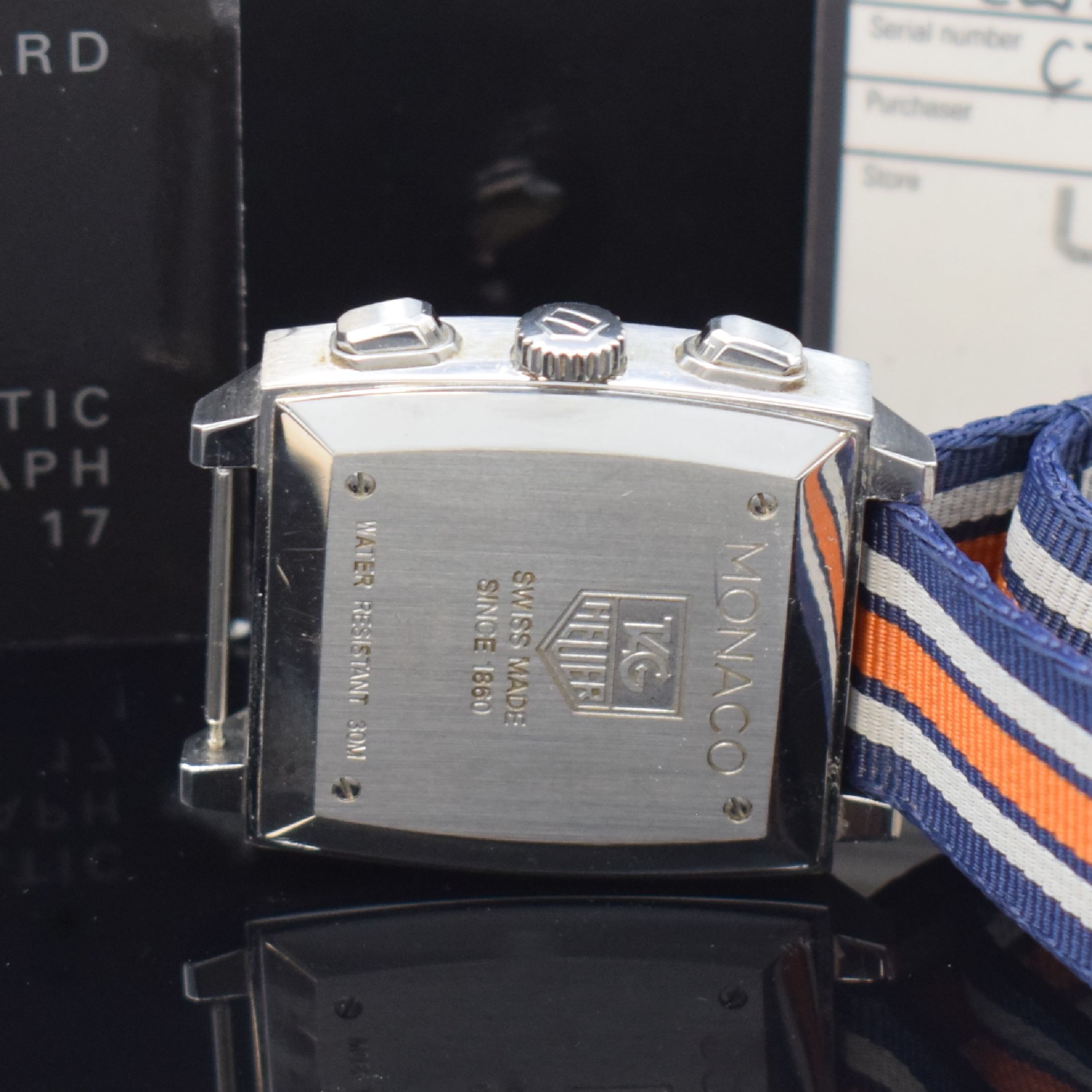 Detail d: TAG HEUER Armbandchronograph Serie Monaco Referenz CW2113-0, Automatik, Edelstahlgeh. inkl. orig. Ripsband, zus. orig. Lederband m. orig. Faltschl. ...