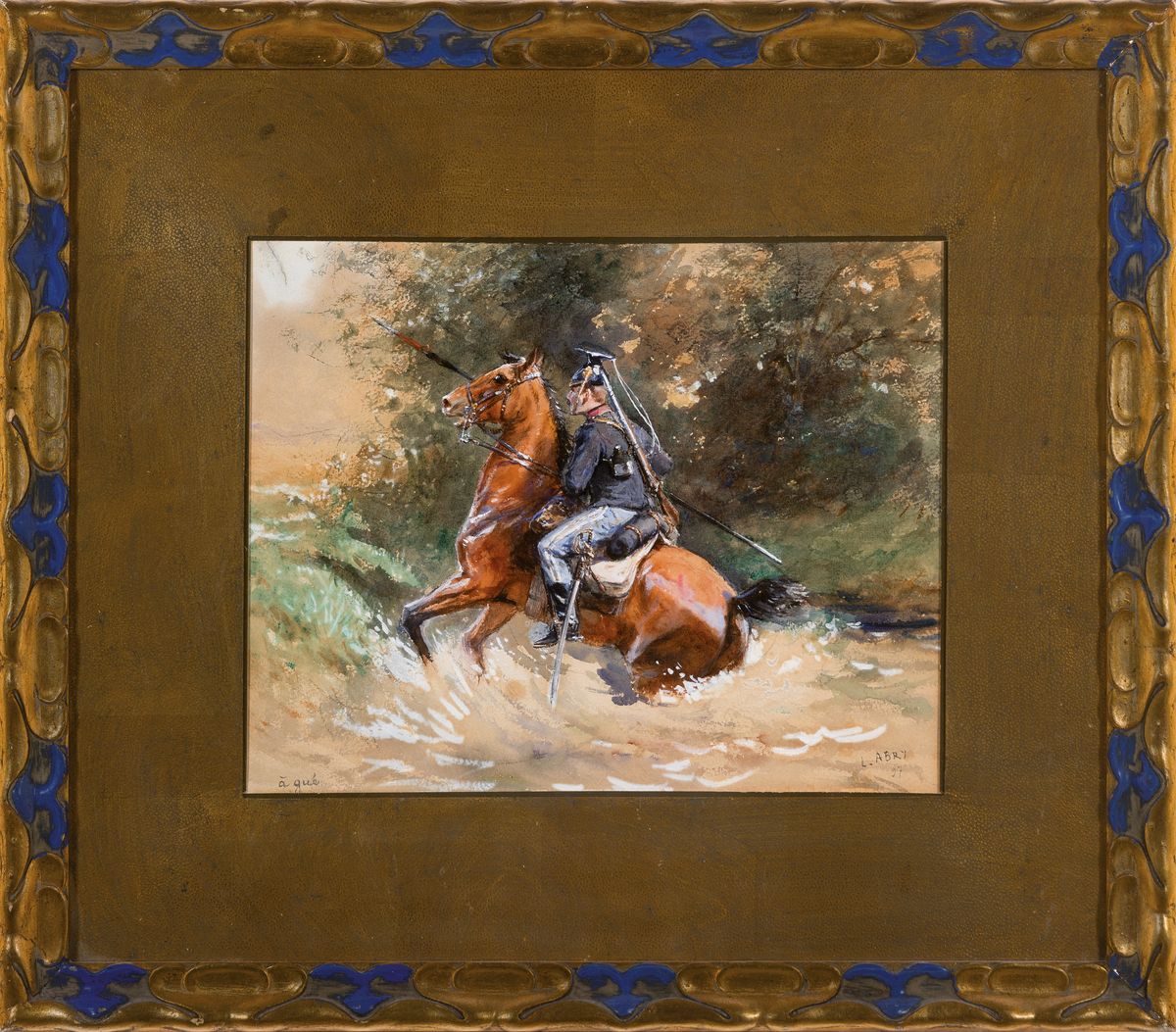 Detail k: Leon Abry, 1857 - 1905,, Soldat zu Pferd, Gouache, lebendige Darstellung, li. unten bez. agué, re. u. signiert, auf Papier, ca. 23.5 x 29 cm, unter ...