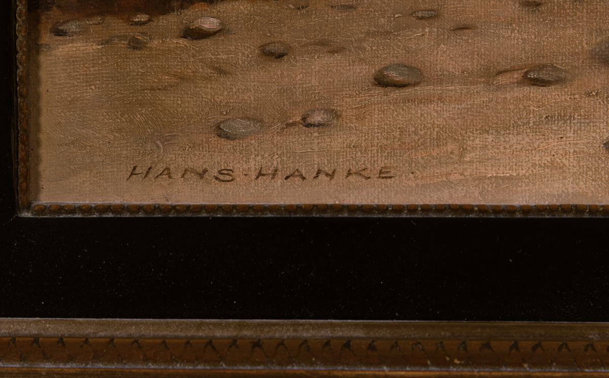 Detail a: Hans Hanke, geb. 1923 in Wien, war in München tätig, bet. auf Etikett "Die Postkutsche", Öl/Lwd, signiert, ca. 25 x 44 cm, Rahmen
