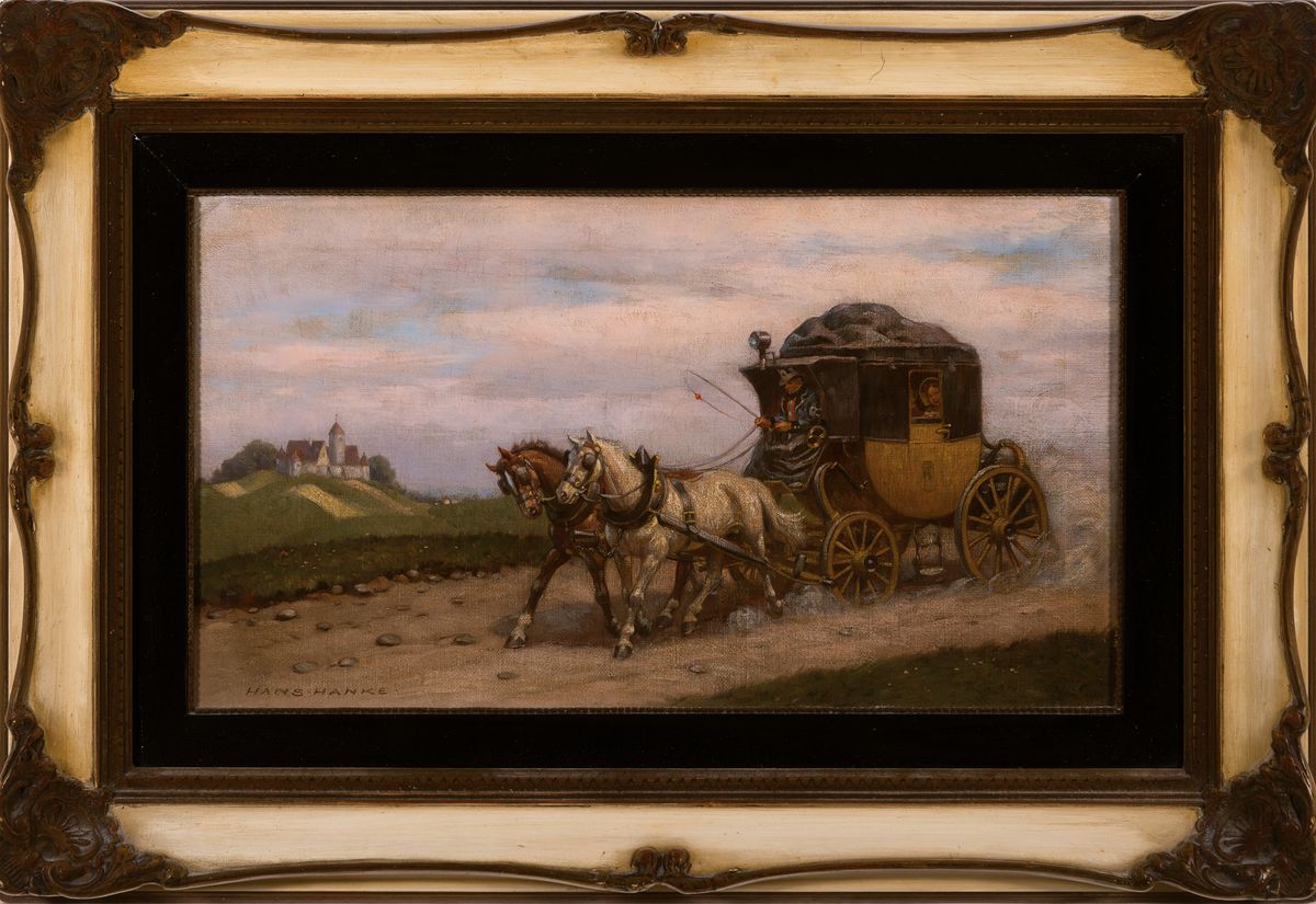 Detail k: Hans Hanke, geb. 1923 in Wien, war in München tätig, bet. auf Etikett "Die Postkutsche", Öl/Lwd, signiert, ca. 25 x 44 cm, Rahmen