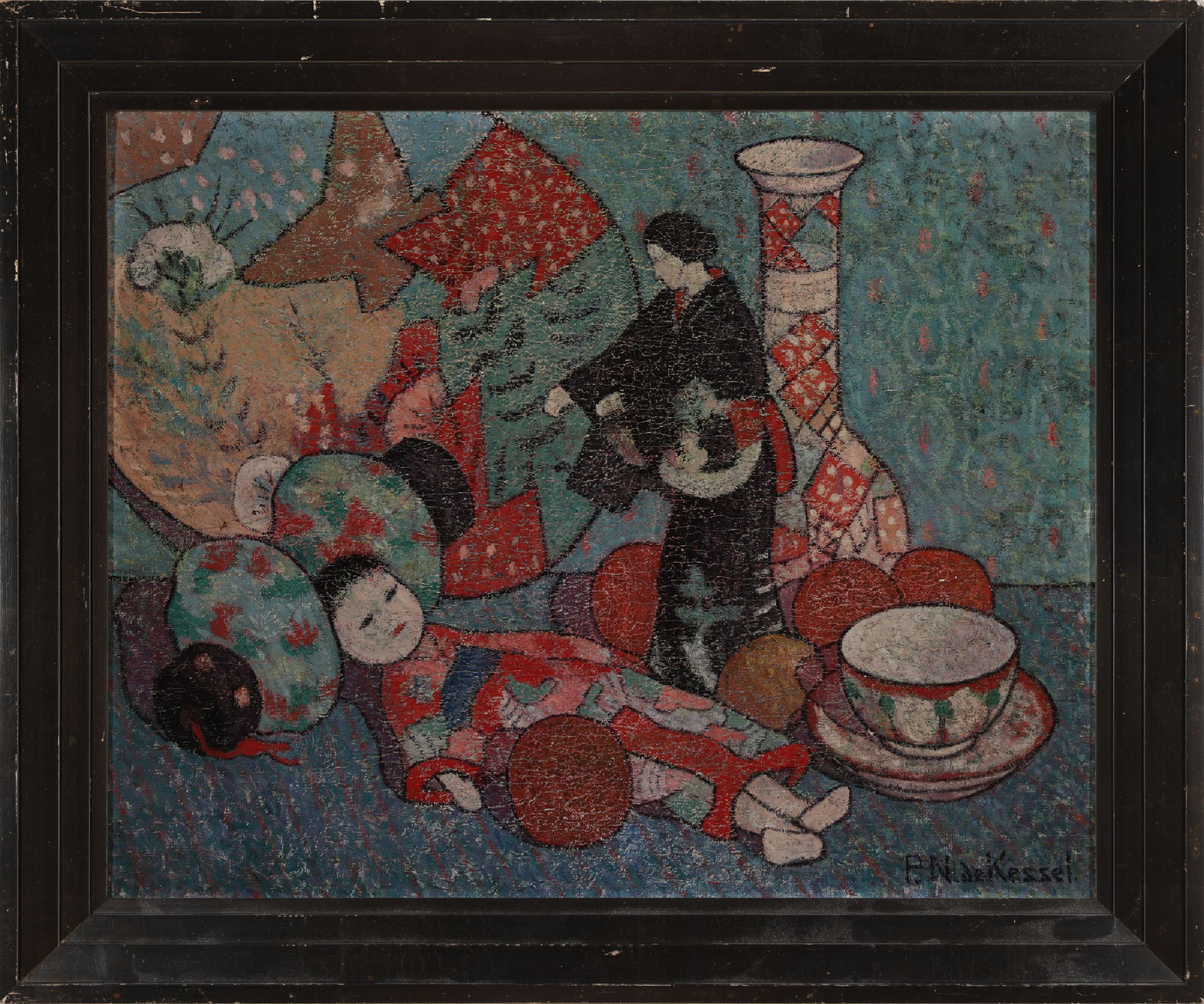Detail k: Pieter Nicolaus de Kessel, 1873 - 1948 Antwerpen, flämische Maler, hier: japanisches Stillleben mit Vase und Puppen, Öl/Lwd, re. u. signiert, ...