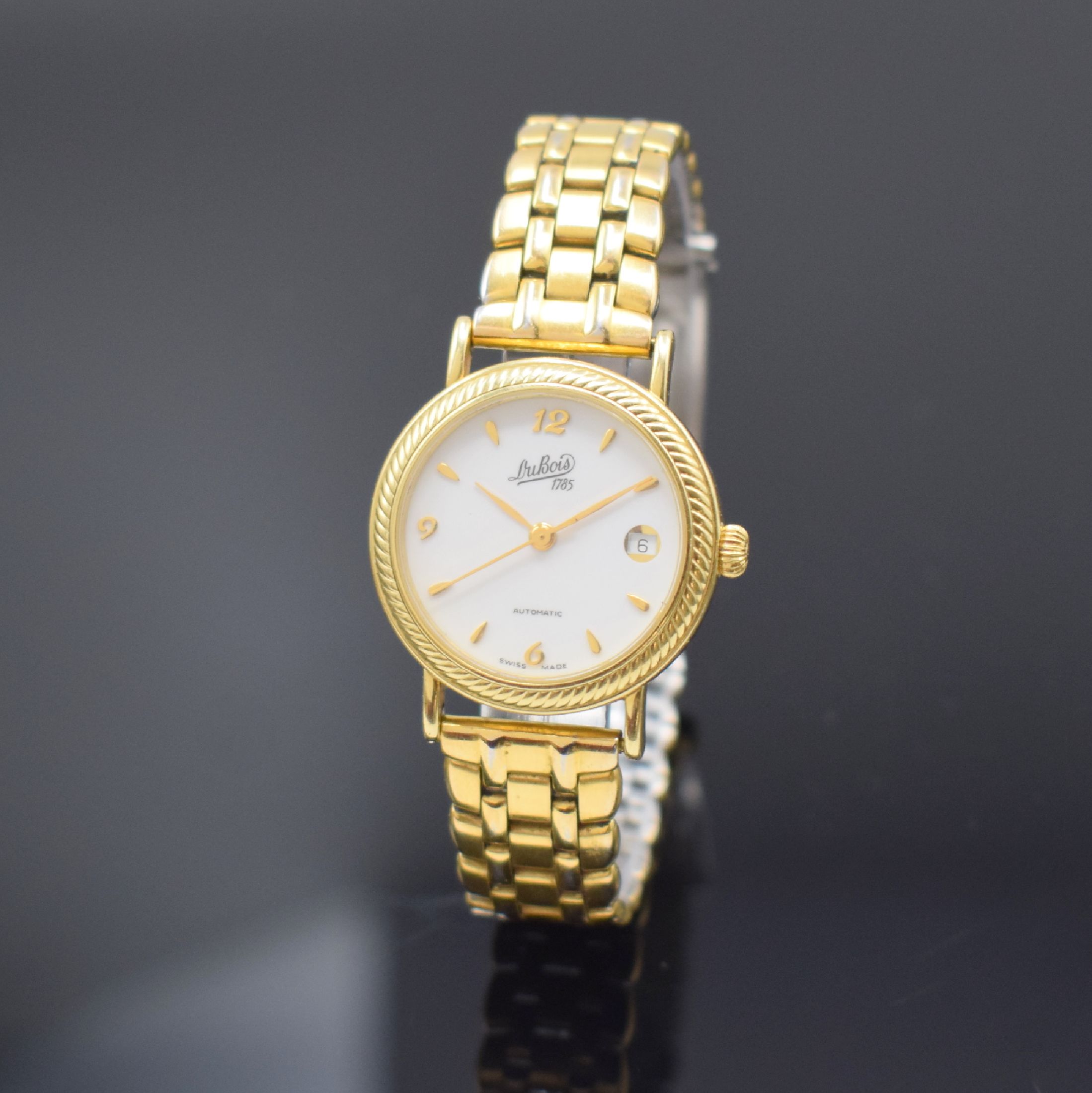 DU BOIS Damenarmbanduhr in GG 750/000 am vergoldeten neutralen Band, Schweiz um 1995, Automatik, beids. vergl. Geh., Boden aufgedr., weißes ...