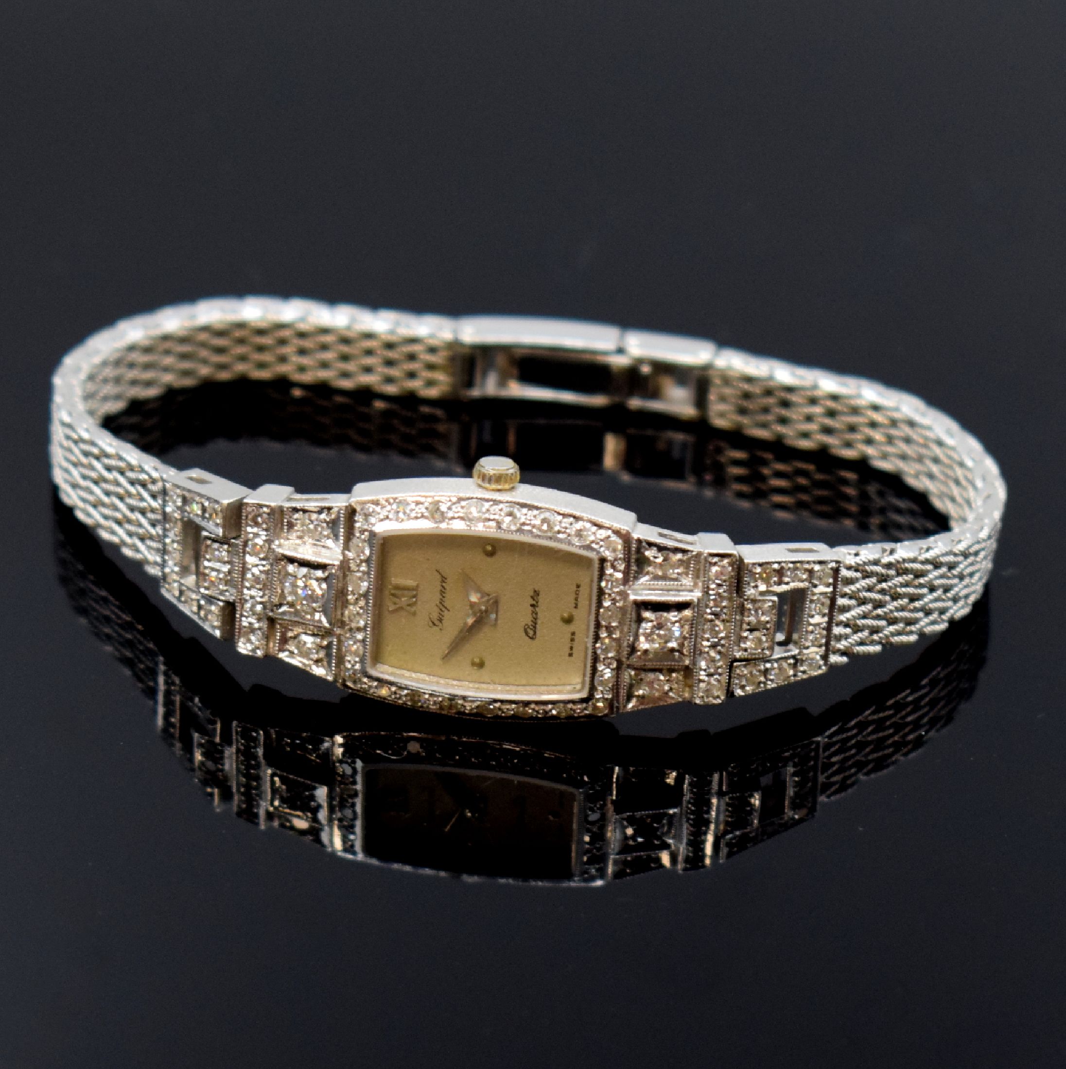 GUEPARD Damenarmbanduhr in WG 585/000 mit Diamanten, Schweiz um 1980, quarz, 2-teil. Geh., Boden aufgedr., Milanaiseband in WG 585/000, silb. ...