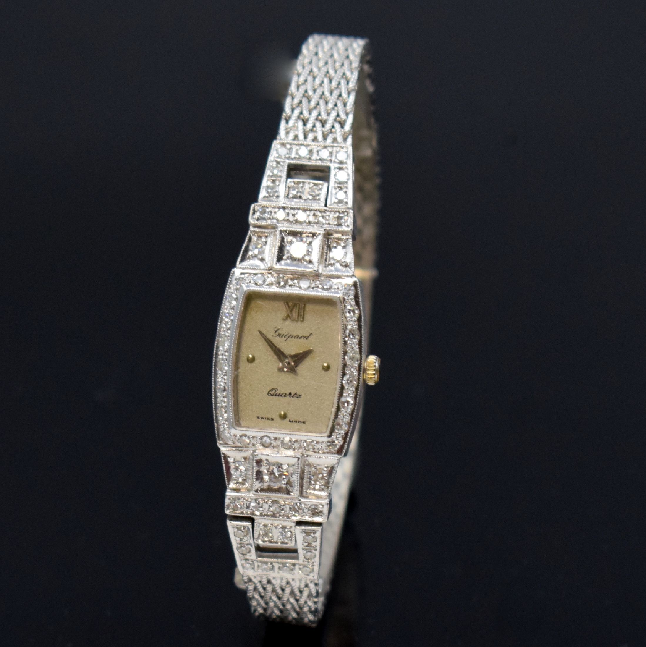 Detail c: GUEPARD Damenarmbanduhr in WG 585/000 mit Diamanten, Schweiz um 1980, quarz, 2-teil. Geh., Boden aufgedr., Milanaiseband in WG 585/000, silb. ...