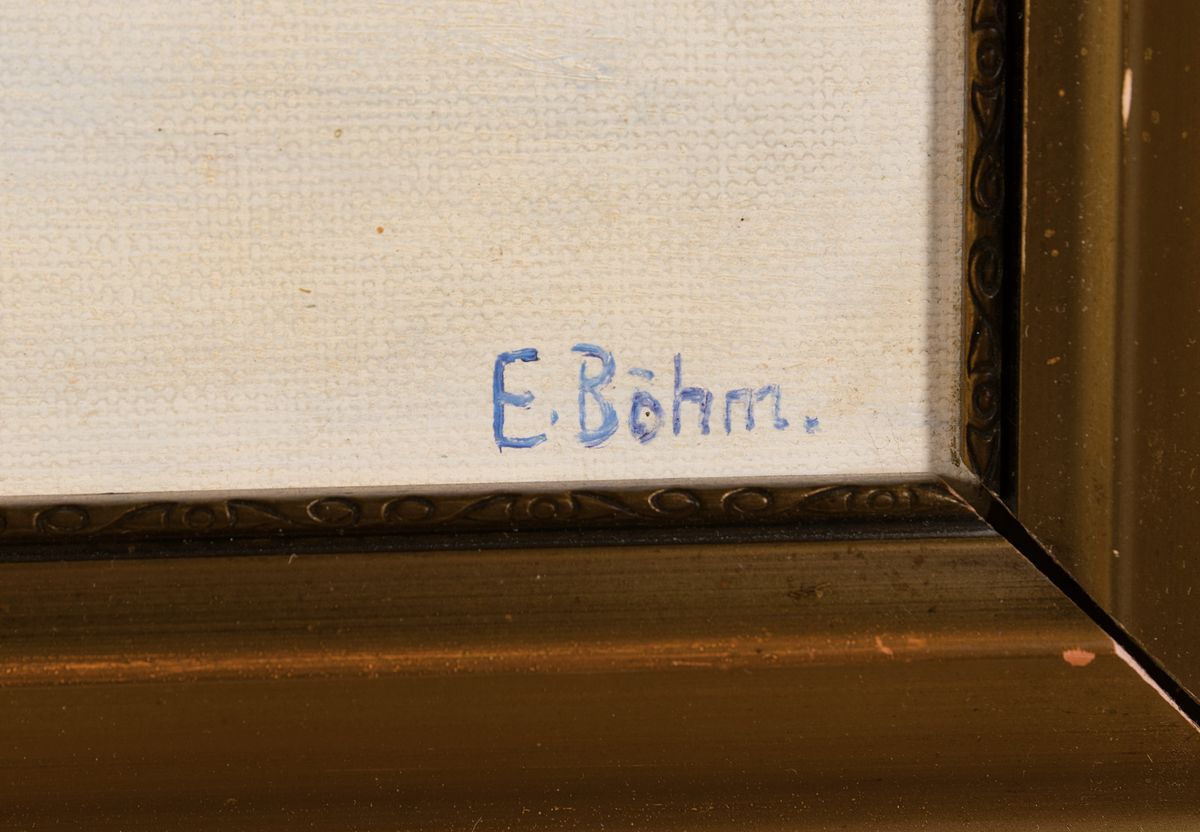 Detail a: Ernst Böhm, Anfang 20.Jh., Winterlandschaft Schloss Wallenstein im Isergebirge, Öl/Platte, signiert, Rahmen 59x66 cm