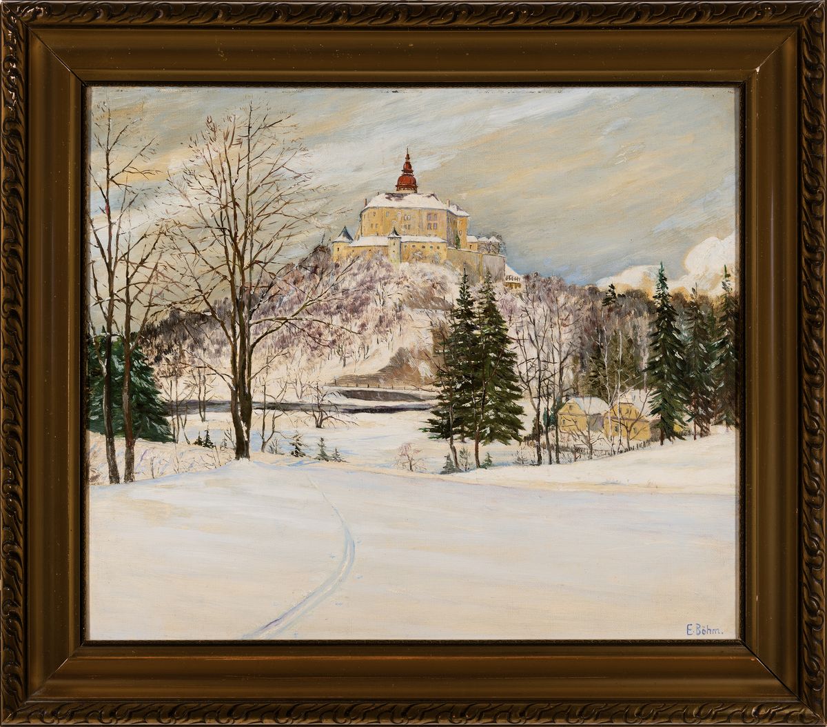 Detail k: Ernst Böhm, Anfang 20.Jh., Winterlandschaft Schloss Wallenstein im Isergebirge, Öl/Platte, signiert, Rahmen 59x66 cm