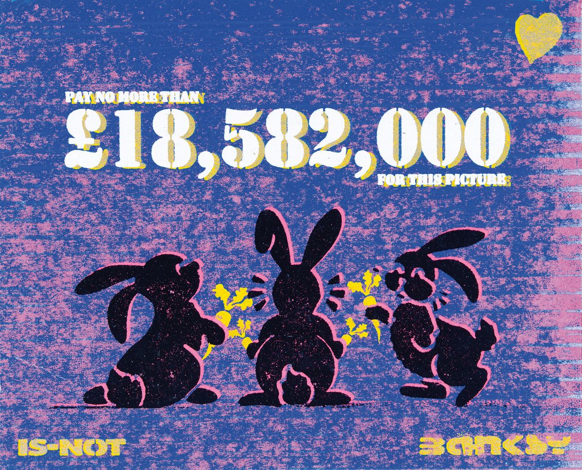 IS-NOT BANKSY by L-13 Light Industrial Workshop, "Pay no more than 18,582,000 for this picture - When will the bunny bubble burst?", ...