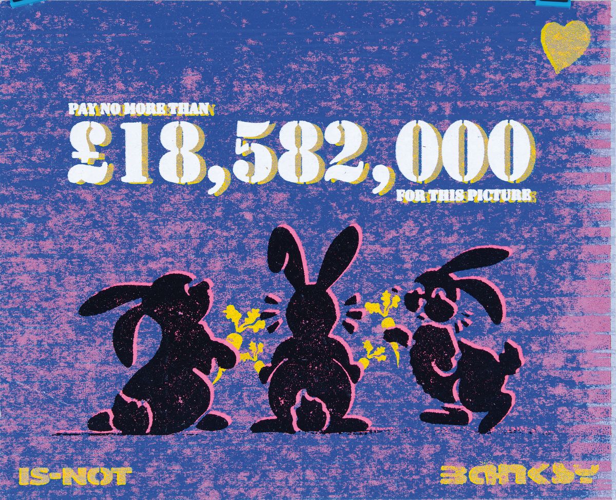 Detail k: IS-NOT BANKSY by L-13 Light Industrial Workshop, "Pay no more than 18,582,000 for this picture - When will the bunny bubble burst?", ...