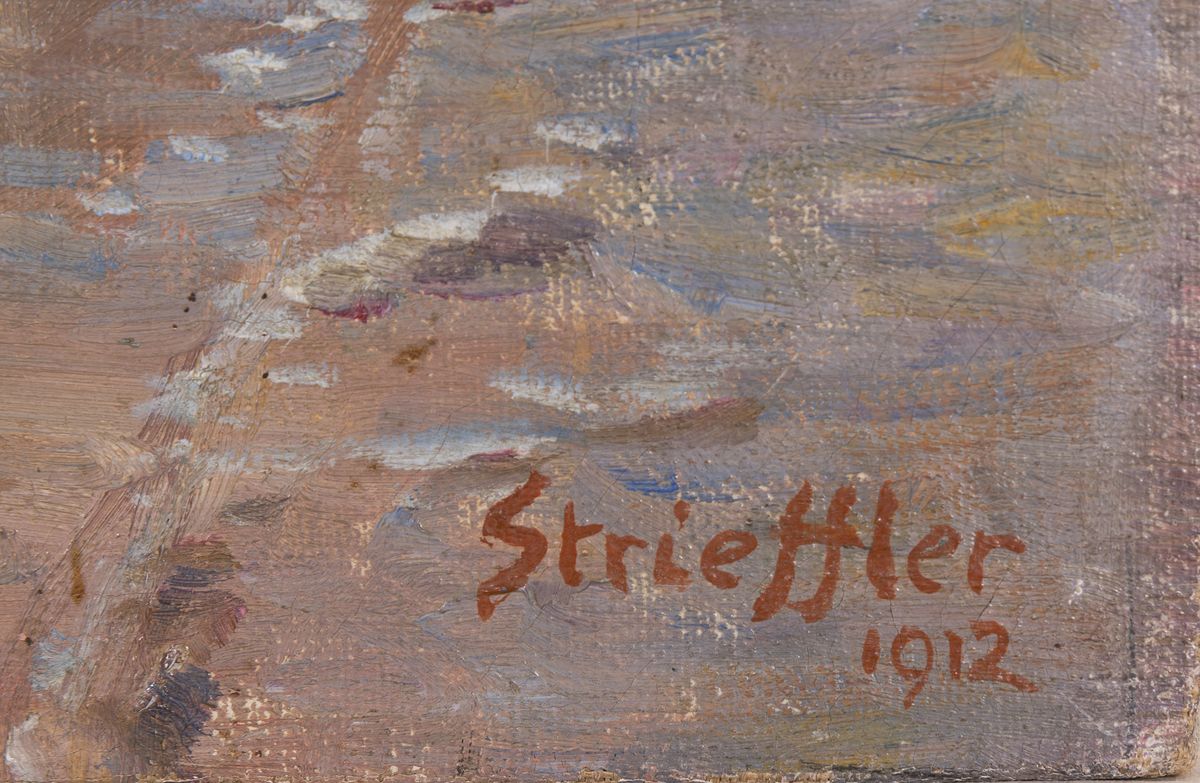 Detail a: Heinrich Strieffler, 1872 Neustadt-1949 Landau, Bauernpaar mit Ochsenkarren vor einem Gehöft, Öl/Lwd, rechts unten signiert und datiert 1912, ca. ...