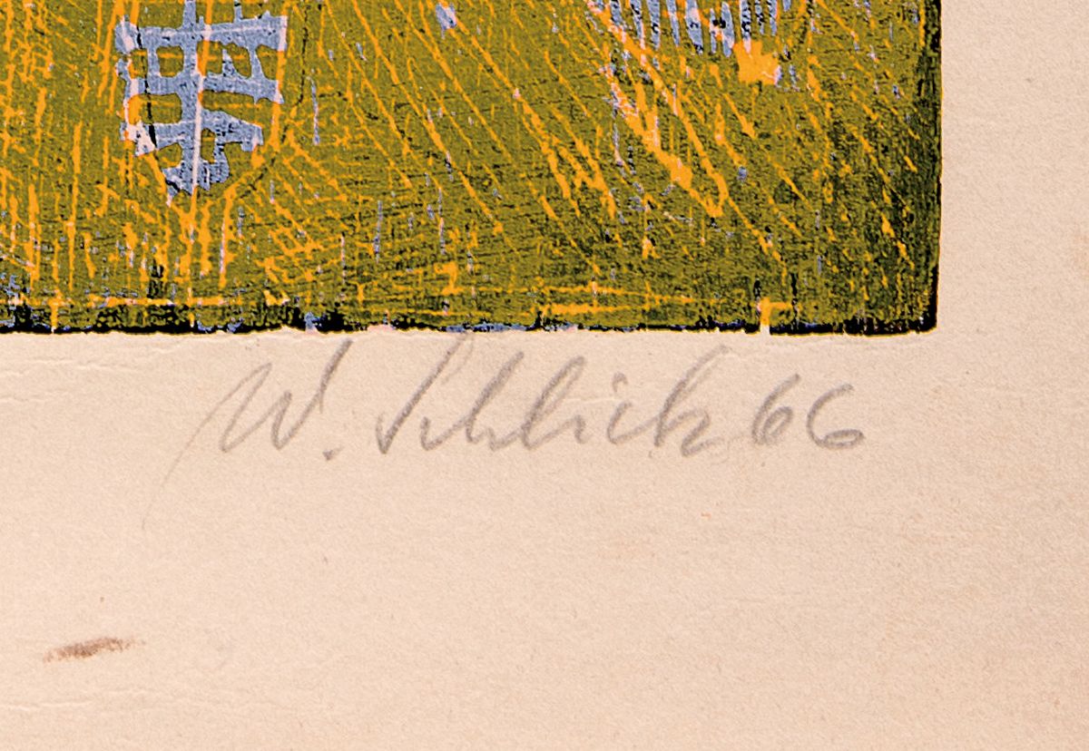 Detail a: Wolfgang Schlick, 1941 Frankfurt-2014, 2 Farbholzschnitte, "Steinhummel" 1966, Ed. 44/50, Komposition ohne Titel 1968, Ed. 1/50, je ...