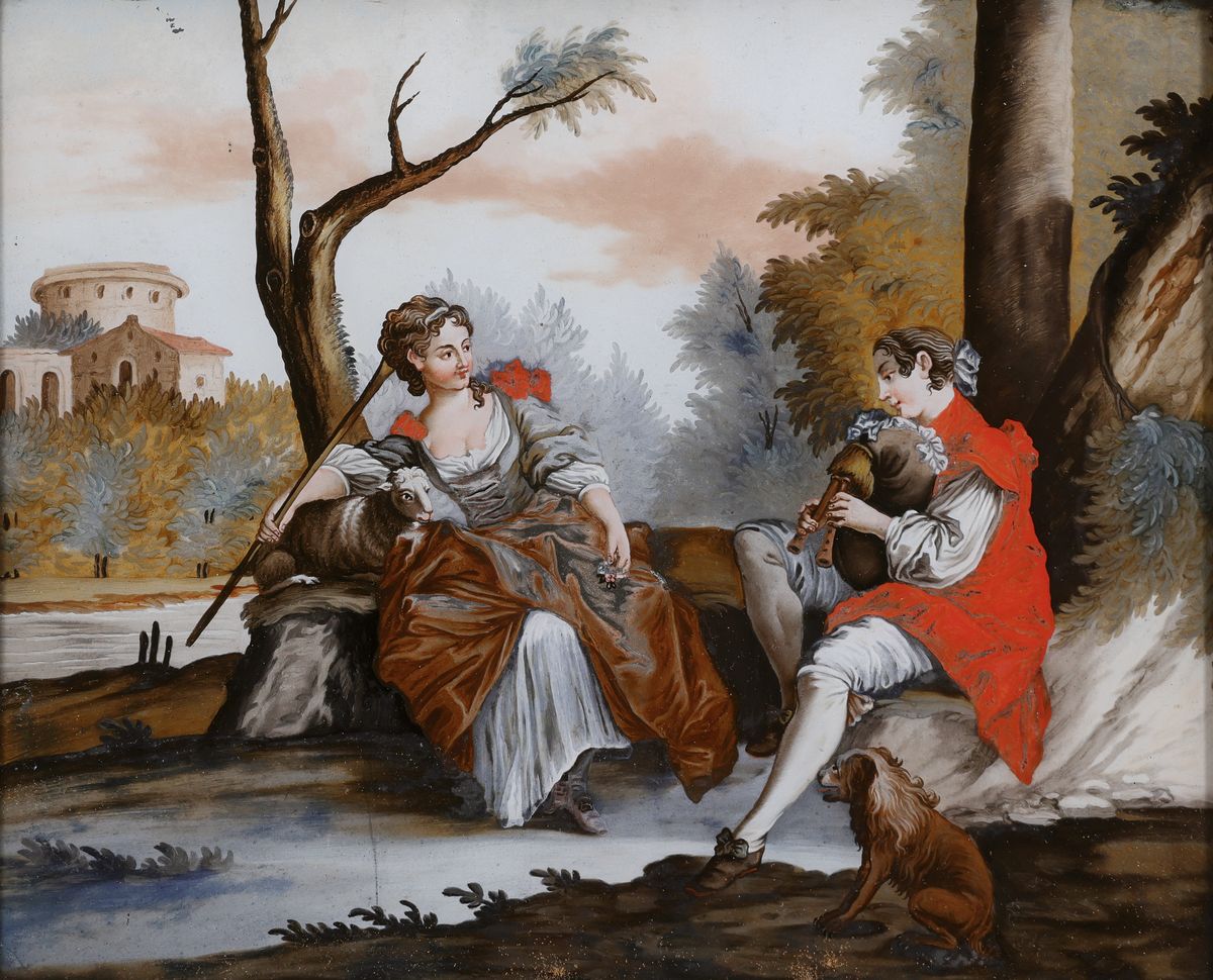 Detail a: 4 Hinterglasbilder, süddeutsch, frühes 19. Jh., Schäferszenen in idealen Parklandschaften, ein Gemälde beschädigt und geklebt, ca. 23 x 29, ...
