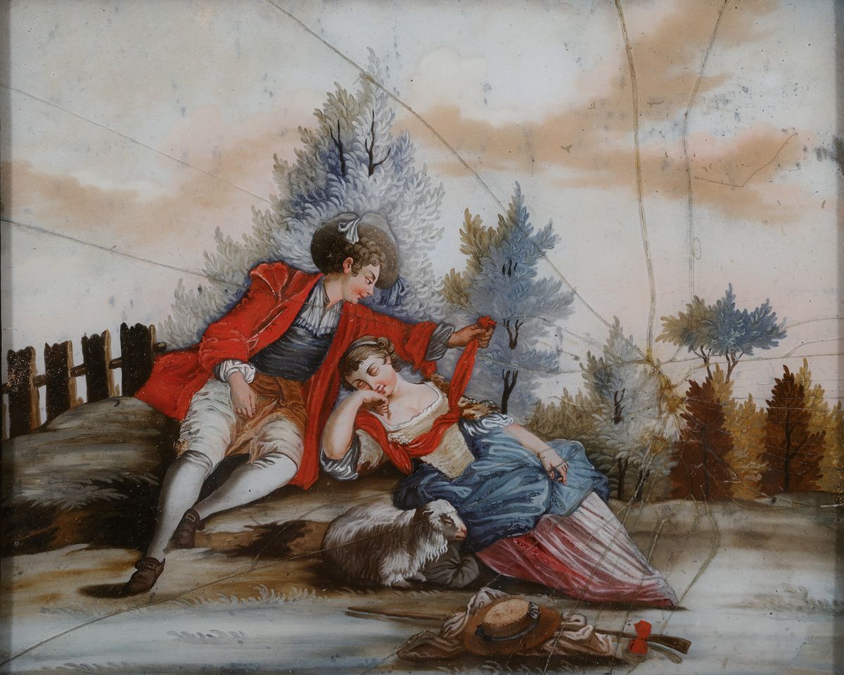 Detail b: 4 Hinterglasbilder, süddeutsch, frühes 19. Jh., Schäferszenen in idealen Parklandschaften, ein Gemälde beschädigt und geklebt, ca. 23 x 29, ...