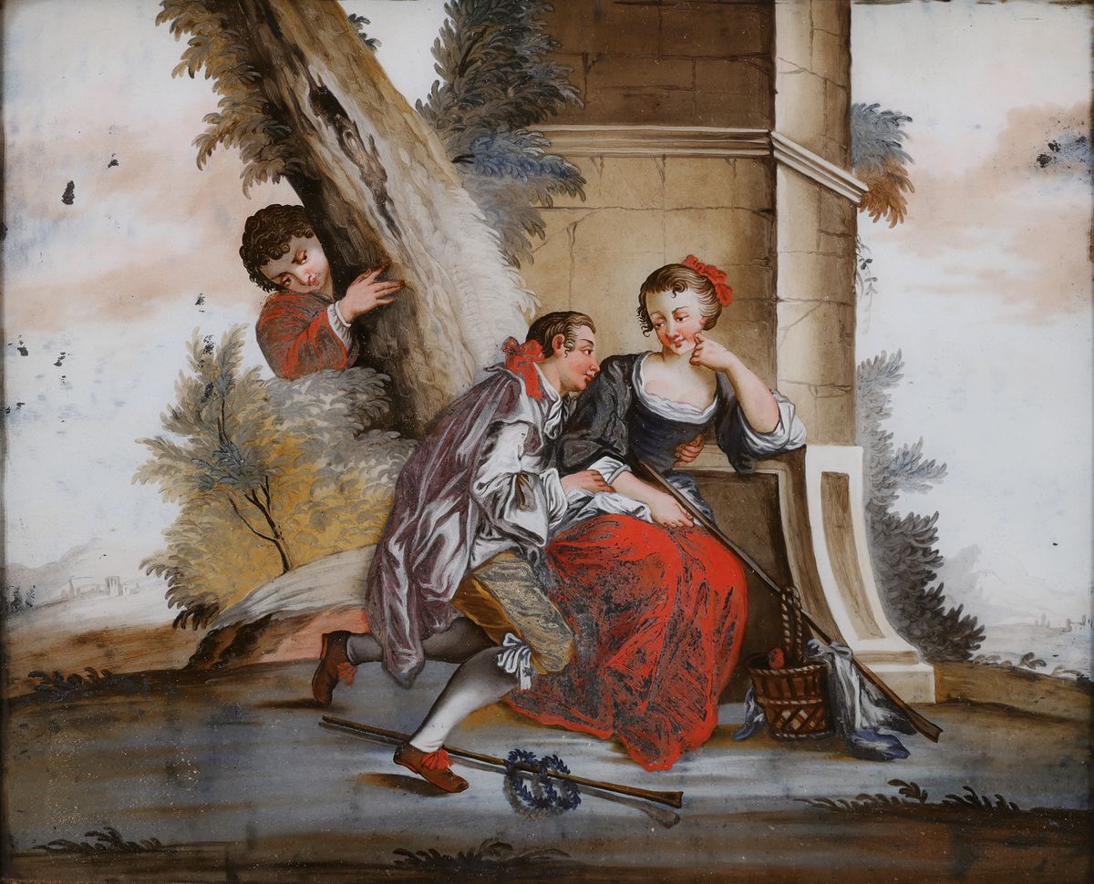 Detail c: 4 Hinterglasbilder, süddeutsch, frühes 19. Jh., Schäferszenen in idealen Parklandschaften, ein Gemälde beschädigt und geklebt, ca. 23 x 29, ...
