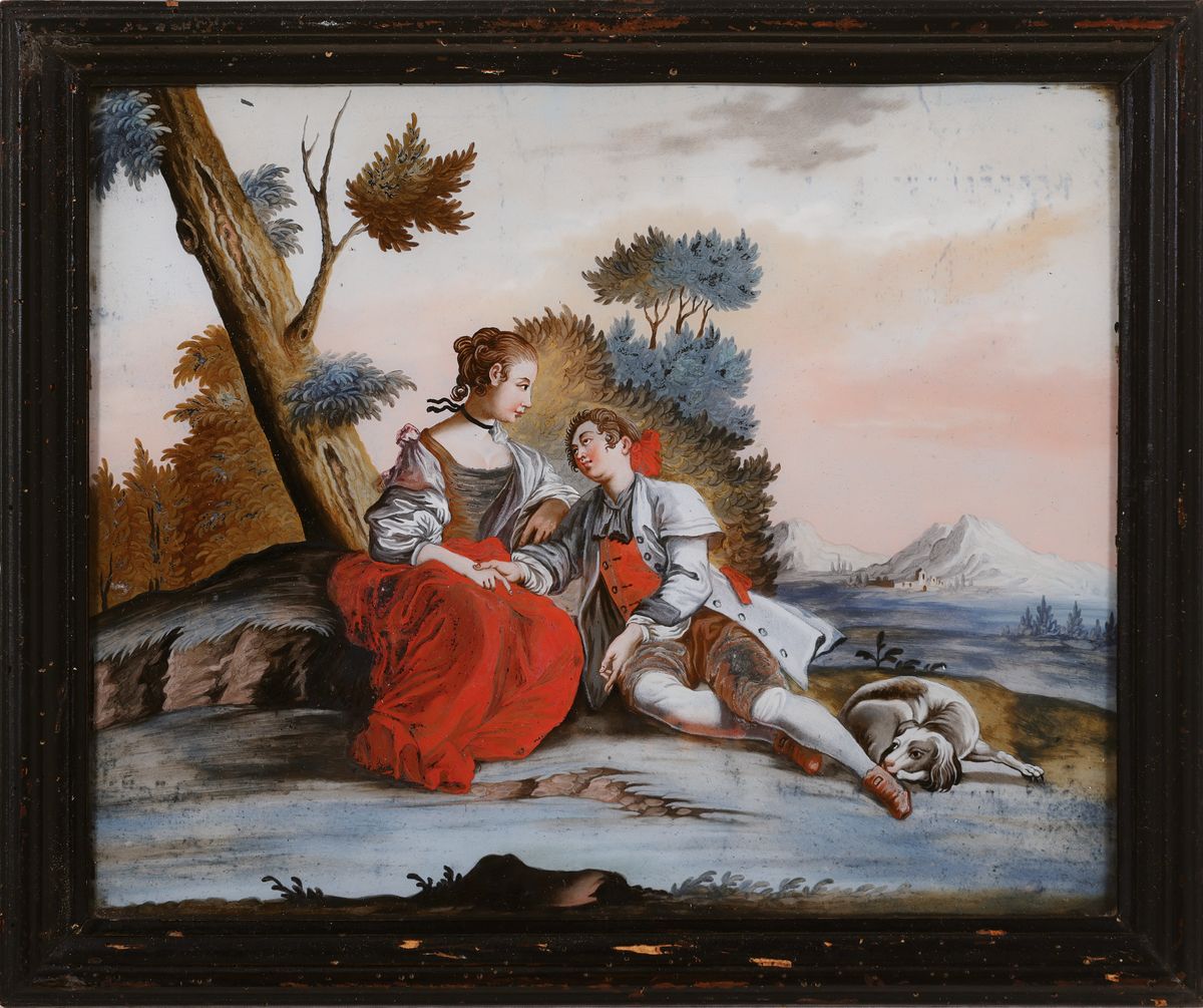 Detail k: 4 Hinterglasbilder, süddeutsch, frühes 19. Jh., Schäferszenen in idealen Parklandschaften, ein Gemälde beschädigt und geklebt, ca. 23 x 29, ...