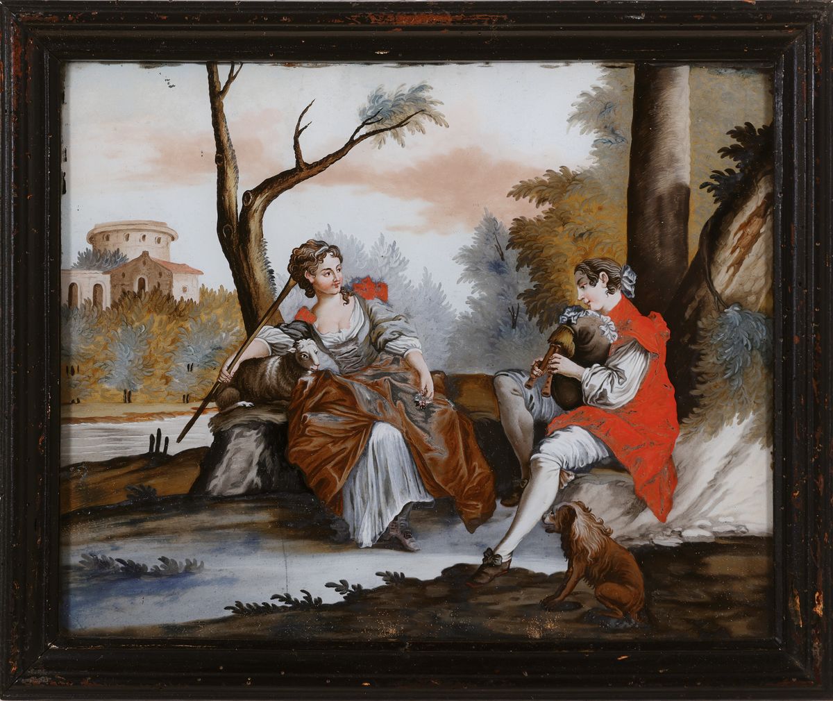 Detail l: 4 Hinterglasbilder, süddeutsch, frühes 19. Jh., Schäferszenen in idealen Parklandschaften, ein Gemälde beschädigt und geklebt, ca. 23 x 29, ...