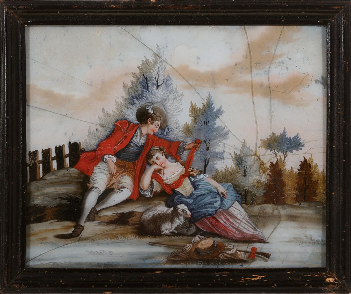 Detail m: 4 Hinterglasbilder, süddeutsch, frühes 19. Jh., Schäferszenen in idealen Parklandschaften, ein Gemälde beschädigt und geklebt, ca. 23 x 29, ...