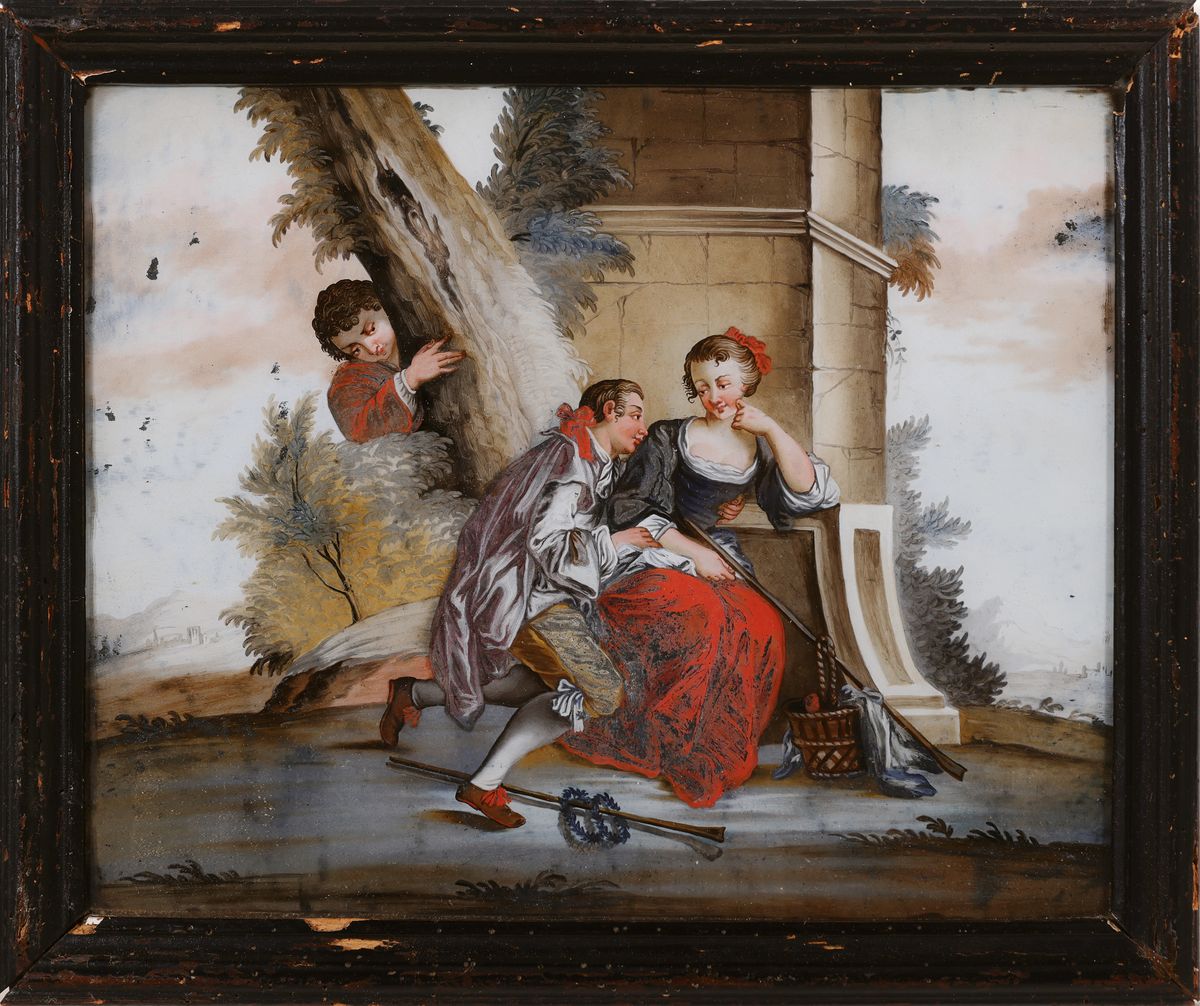 Detail n: 4 Hinterglasbilder, süddeutsch, frühes 19. Jh., Schäferszenen in idealen Parklandschaften, ein Gemälde beschädigt und geklebt, ca. 23 x 29, ...