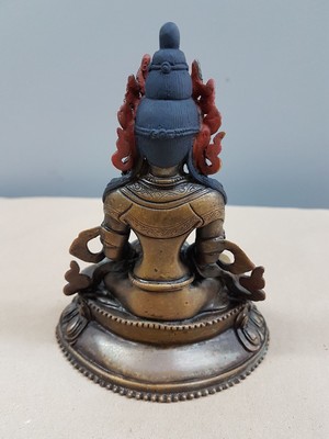 26638991f - Amitayus Bodhisattva, Tibet, 19th century, bronze, on double lotus throne, meditation posture Dhyana Mudra, ambrosia vase, ca. 15 x 11.5 x 8.5 cm