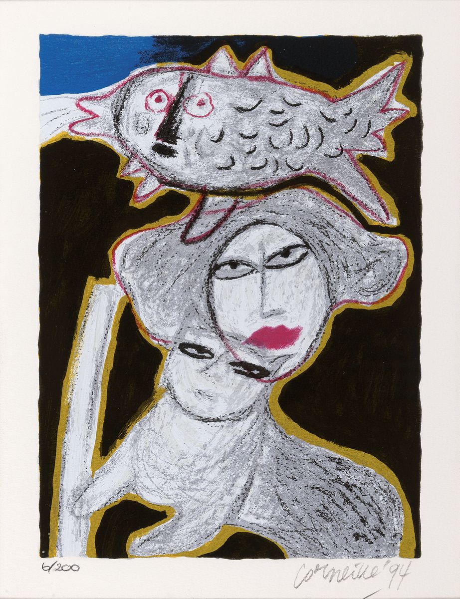 Corneille, 1922 Lüttich-2010 Auvers-sur-Oise , 2 Farblithographien, Pierrot, 1994, Ed. 77/200 und Frau mit Katze und Vogel, 1994, Ed.6/200, je ...