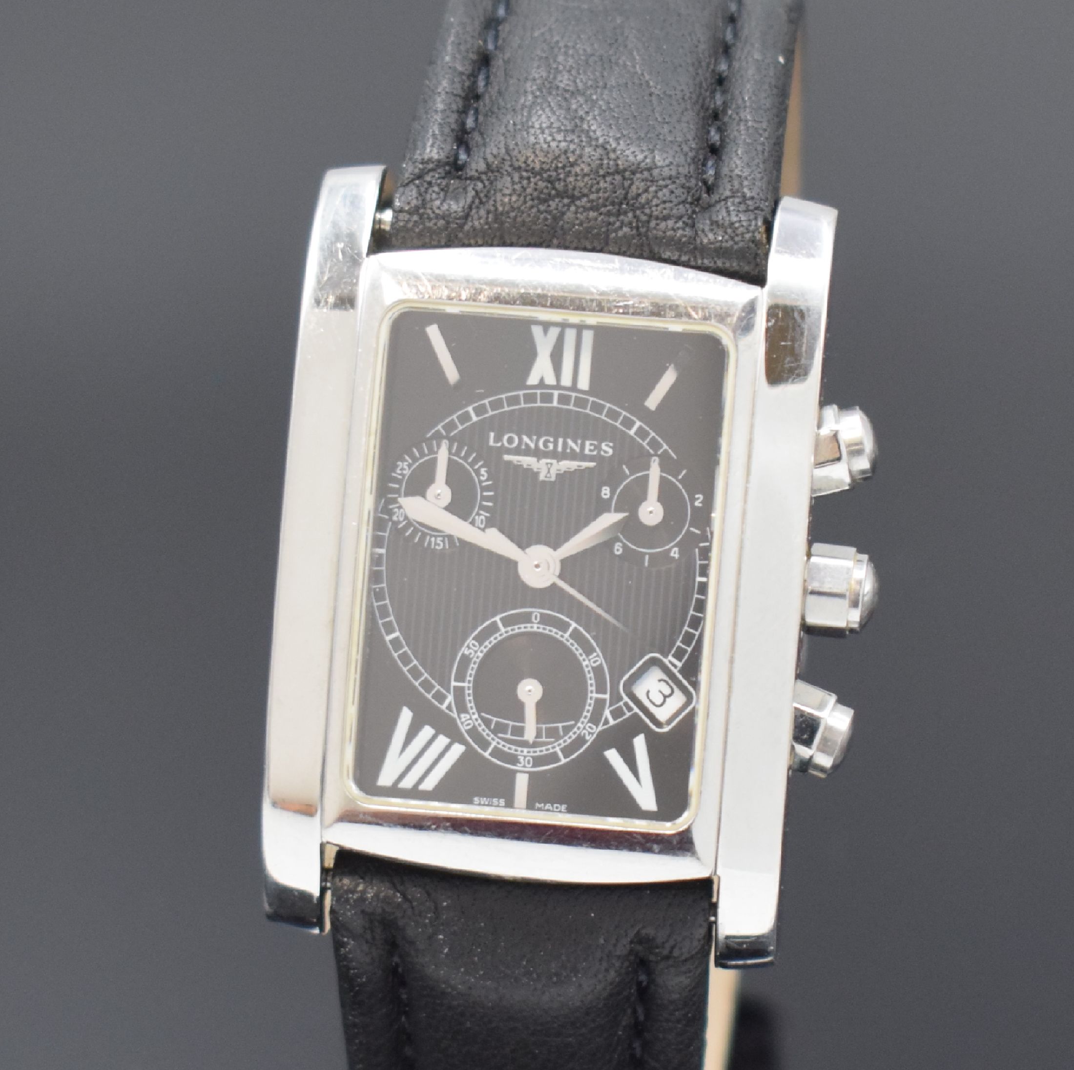 Detail a: LONGINES Armbandchronograph Referenz L5.656.4, Schweiz um 2000, quarz, Edelstahlgeh., Boden 4-fach verschr., neutr. Lederband m. orig. Dornschl., ...