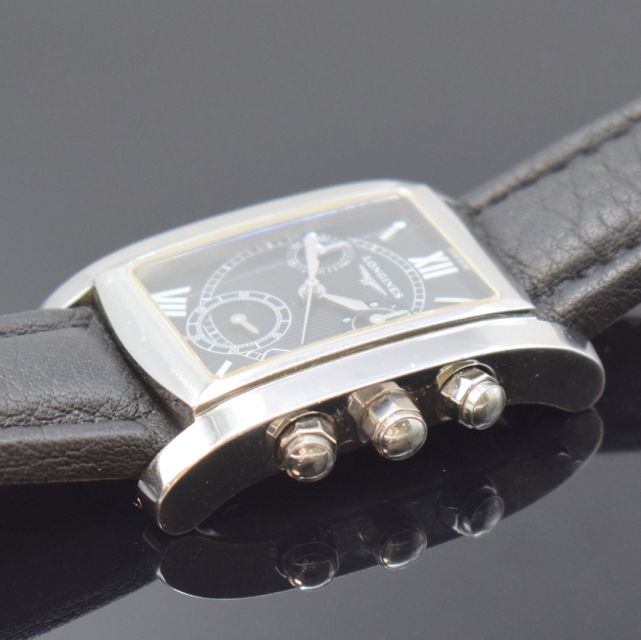 Detail c: LONGINES Armbandchronograph Referenz L5.656.4, Schweiz um 2000, quarz, Edelstahlgeh., Boden 4-fach verschr., neutr. Lederband m. orig. Dornschl., ...