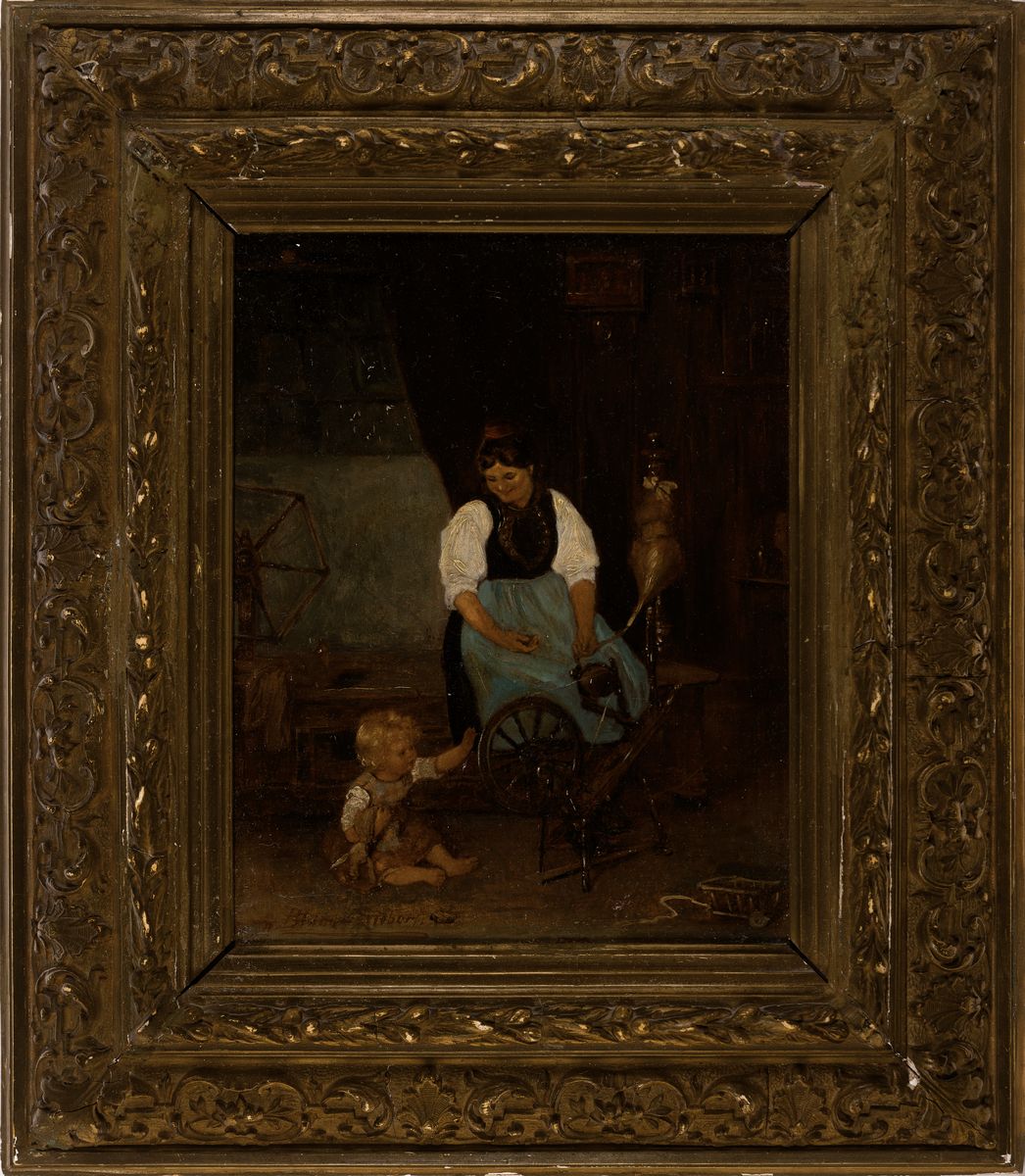 Detail k: nach Ludwig Blume-Siebert (1853-1929), Mutter mit Kleinkind am Webstuhl, links unten bezeichnet, Öl/Holzplatte, verso mit Brandzeichen und Resten ...