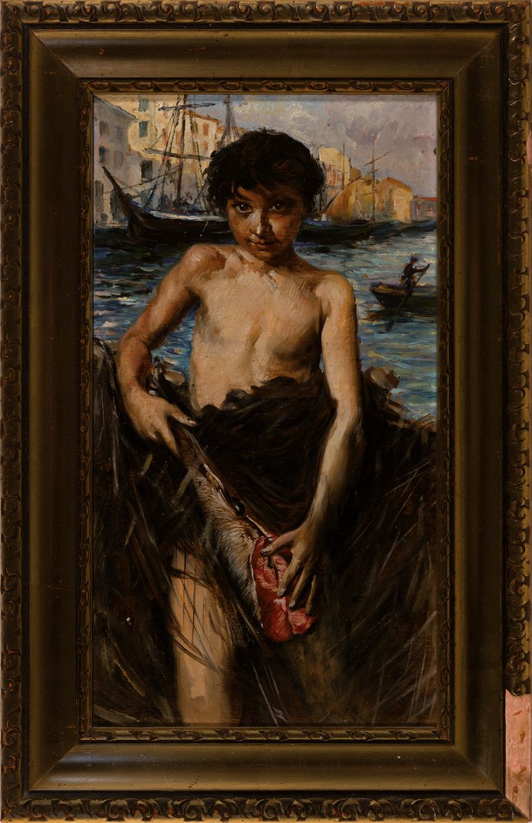 Detail k: Unbekannter Künstler, um 1920, Fischerjunge mit halbem Fisch, Öl/Lwd, rechts unten Reste unleserlicher Signatur, Rahmen 47x30 cm