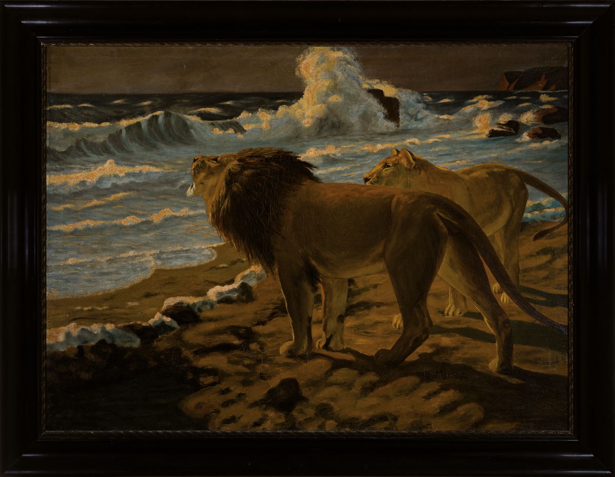 Detail k: R. Muske, Künstler des 20.Jh., Löwen am Strand, Öl/Lwd, signiert, rest., Rahmen 95x120cm