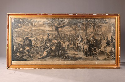 26639145k - Gerard Audran (1640-1703) after Charles LeBrun(1619-1690): two scenes from the Alexander cycle, 1678, copper engravings, framed side byside, "La vertu plaist quoy que vaincue" and "sic virtus et victa placet" or . Representation of "Alexander and Porus", heavily browned, missing parts, lined on cardboard, framed under glass, 85x170 cm, frame heavily damaged