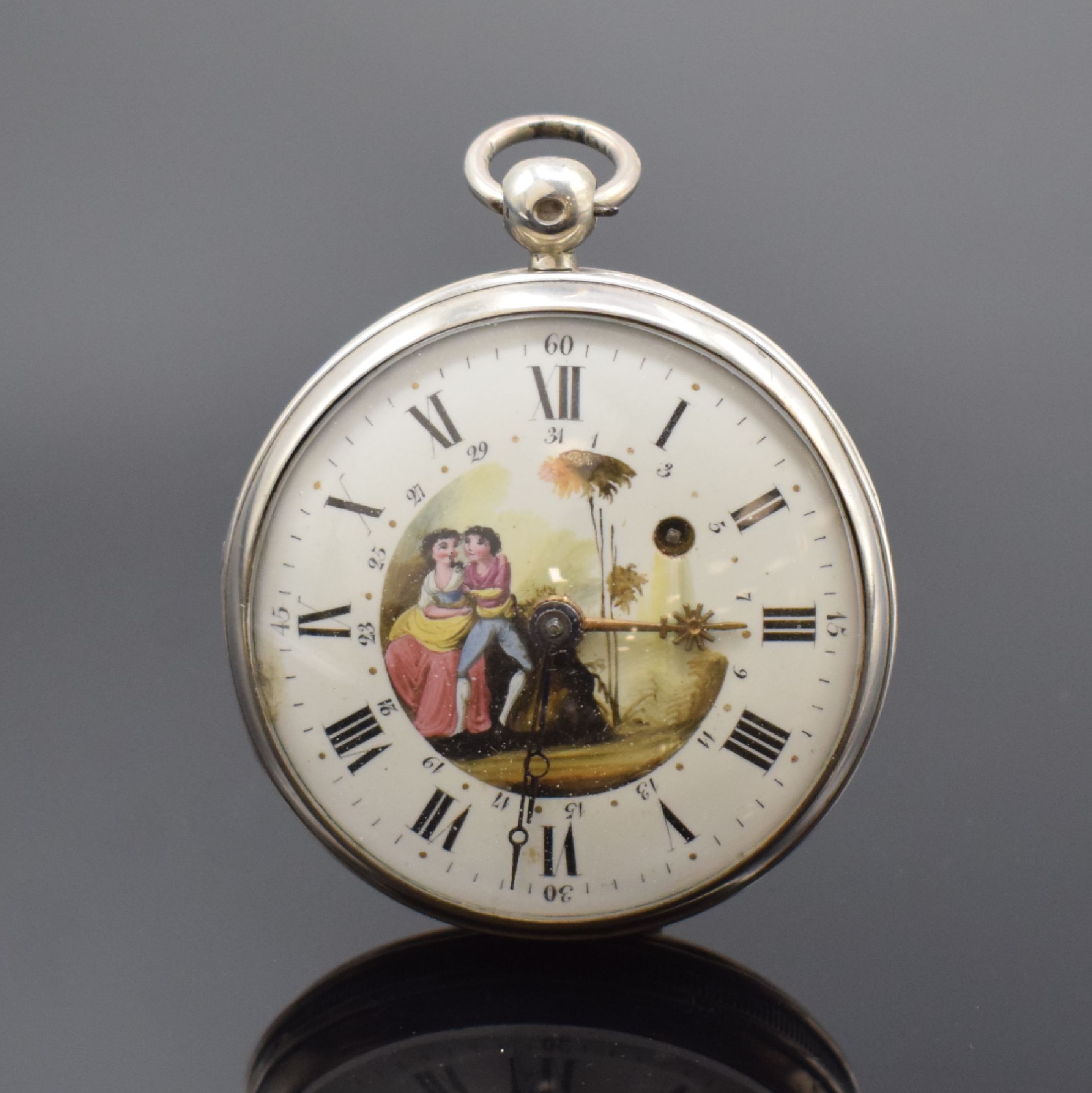 FRANCOIS OLIVIER Dumont Spindeltaschenuhr mit Datum, Frankreich um 1825, Silbergehäuse, Emailzifferbl. m. Malerei besch., röm. Zahlen, Datum (zu ...