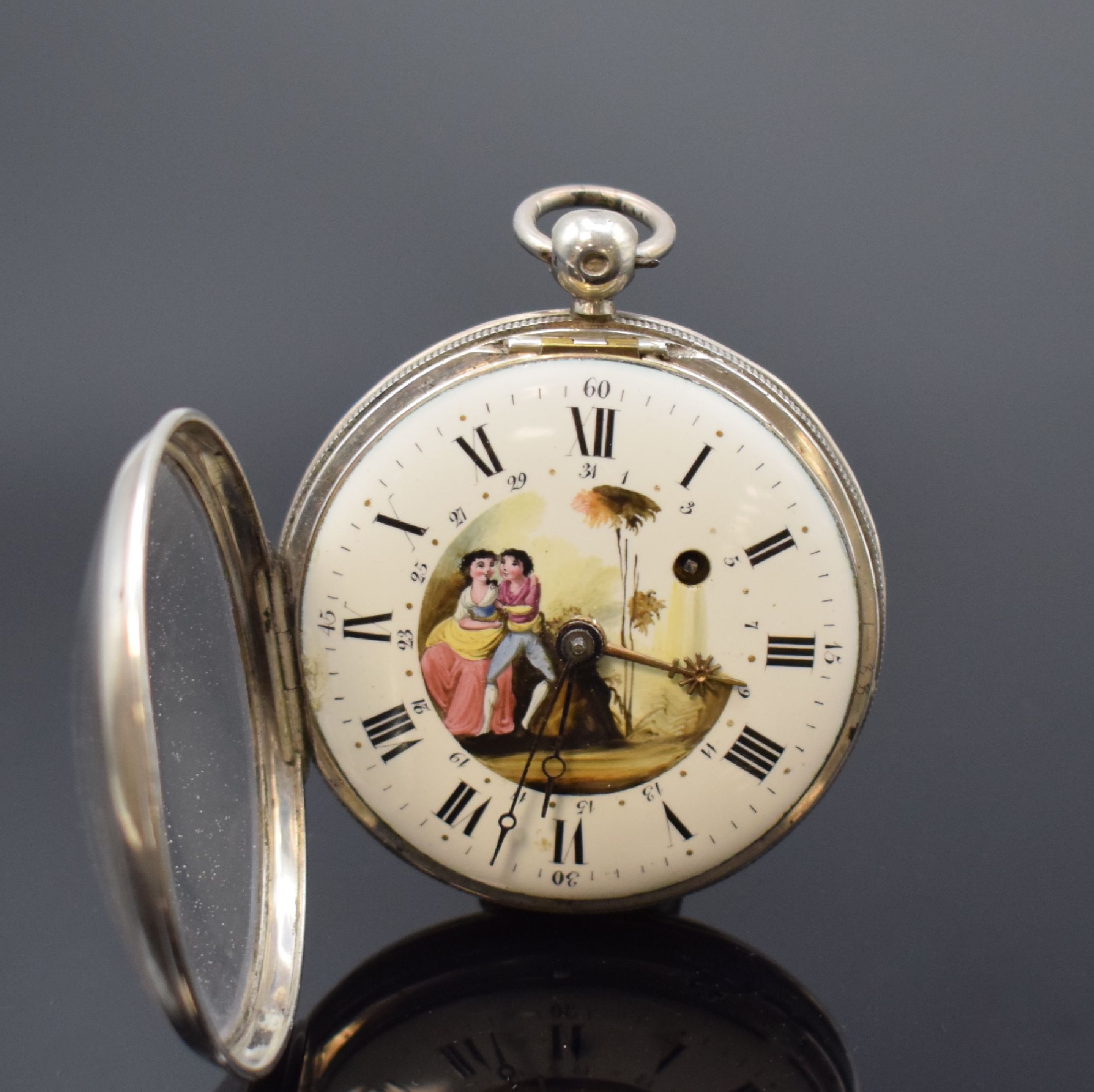 Detail b: FRANCOIS OLIVIER Dumont Spindeltaschenuhr mit Datum, Frankreich um 1825, Silbergehäuse, Emailzifferbl. m. Malerei besch., röm. Zahlen, Datum (zu ...