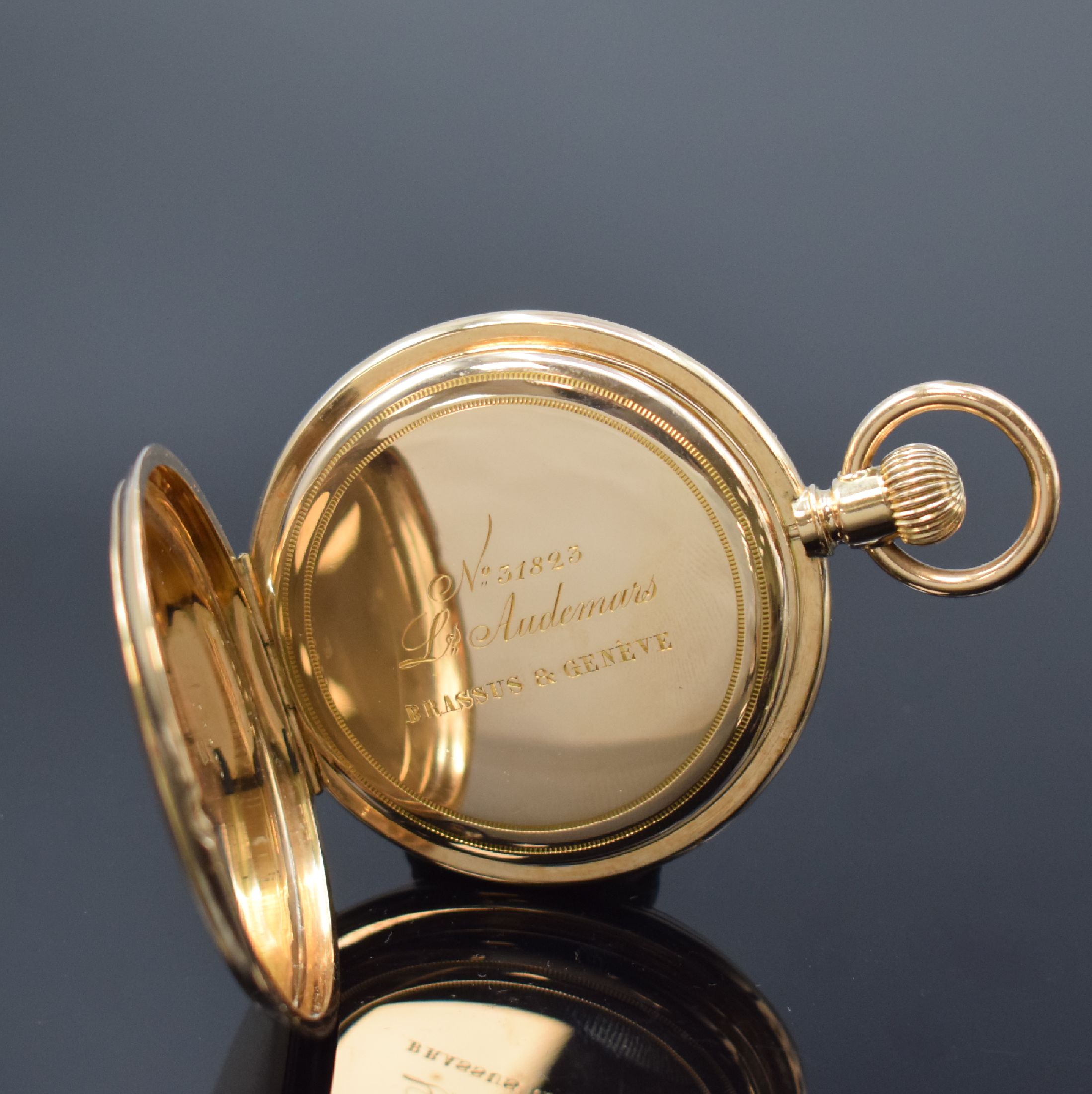 Detail e: LOUIS AUDEMARS Brassus schwere Savonette in RG 585/000, Schweiz um 1900, 3-Deckel Goldgeh., Emailzifferbl. m. röm. Zahlen u. arab. Minuterie, gebl. ...