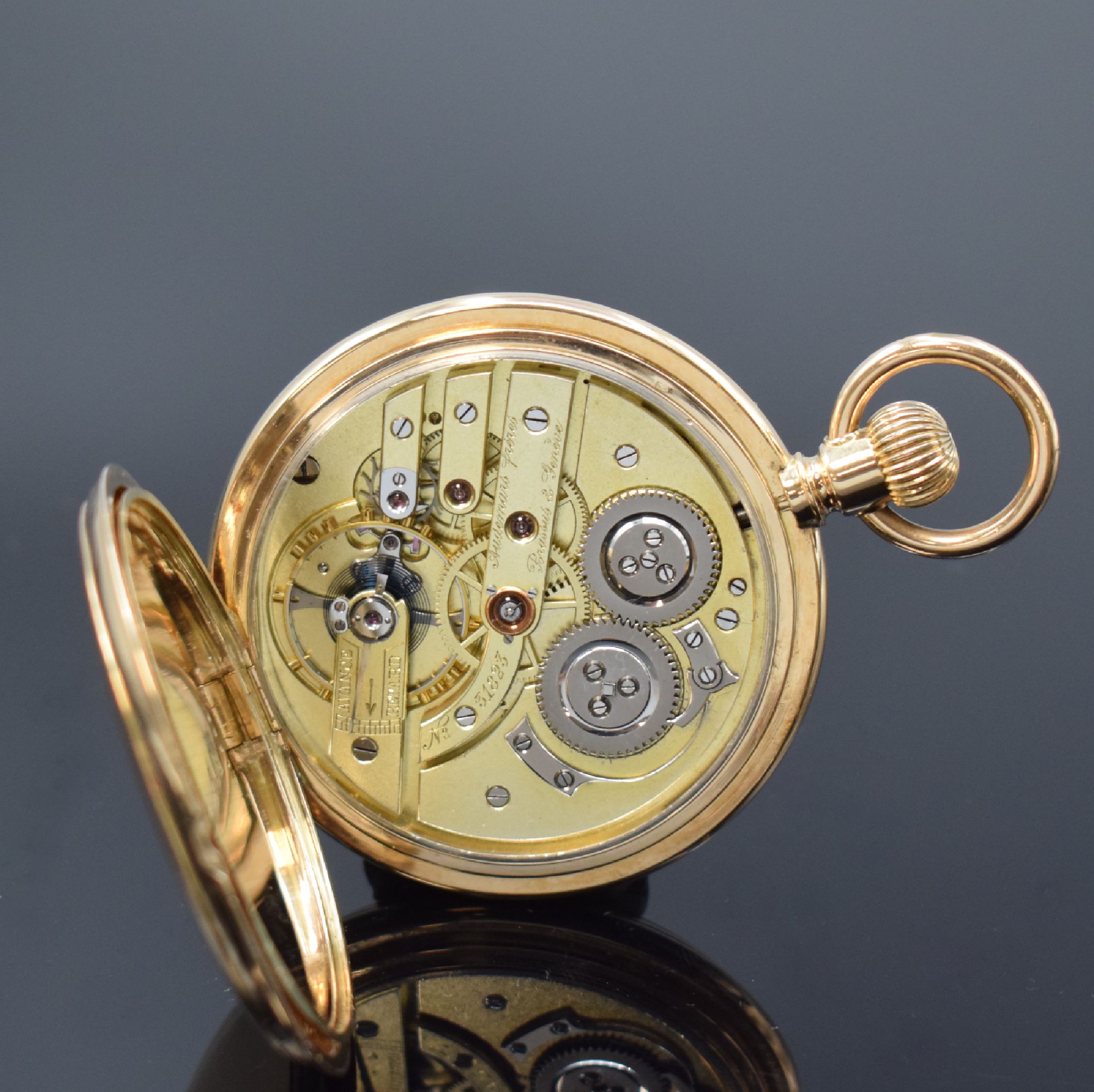 Detail g: LOUIS AUDEMARS Brassus schwere Savonette in RG 585/000, Schweiz um 1900, 3-Deckel Goldgeh., Emailzifferbl. m. röm. Zahlen u. arab. Minuterie, gebl. ...