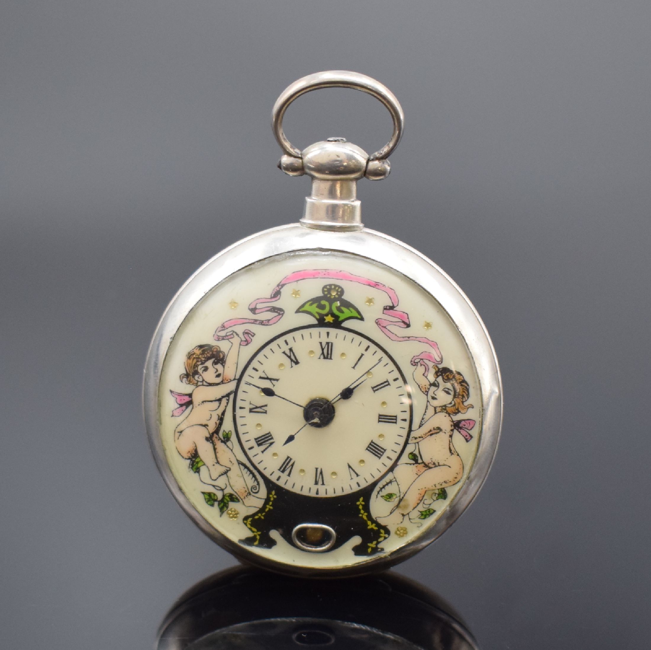 Offene Taschenuhr für chinesischen Markt, Schweiz um 1880, Silbergehäuse, bemaltes Zifferbl. m. röm. Zahlen, Scheinpendel b. 6, Birnenzeiger, ...