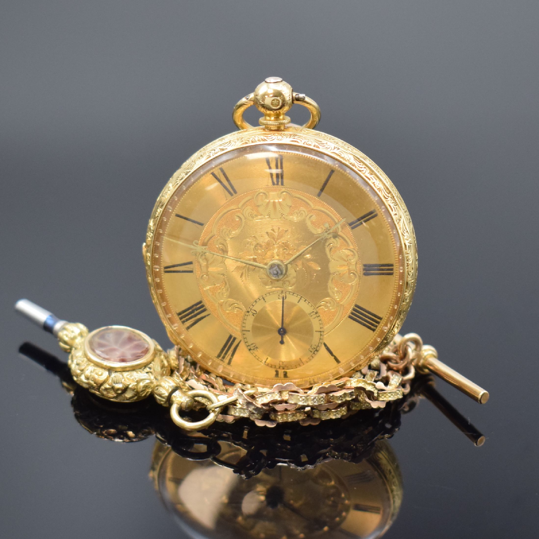 R. SOHNSON Sheffield offene Taschenuhr in GG 750/000 mit Kette in GG/RG 375/000, England um 1840, 3-teil. Gehäuse, gold. Zifferblatt m. röm. ...