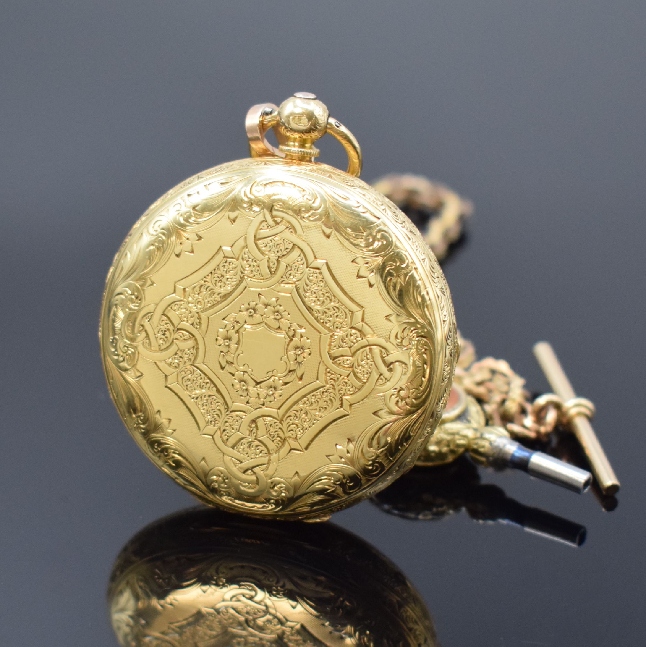 Detail a: R. SOHNSON Sheffield offene Taschenuhr in GG 750/000 mit Kette in GG/RG 375/000, England um 1840, 3-teil. Gehäuse, gold. Zifferblatt m. röm. ...