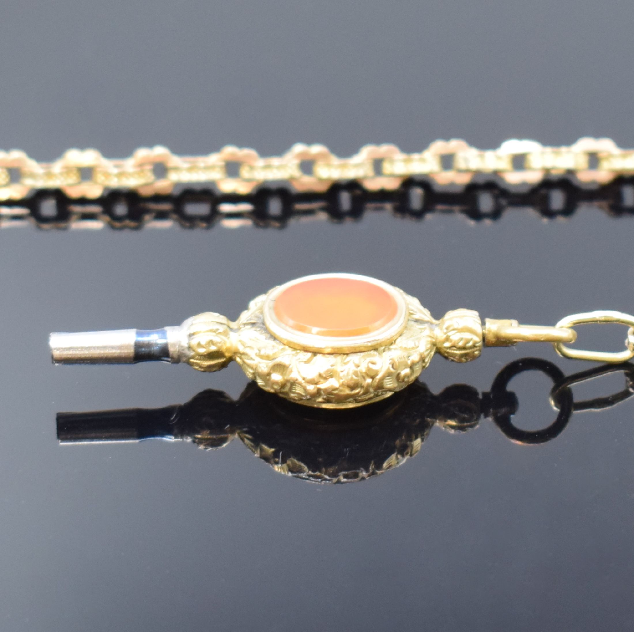 Detail i: R. SOHNSON Sheffield offene Taschenuhr in GG 750/000 mit Kette in GG/RG 375/000, England um 1840, 3-teil. Gehäuse, gold. Zifferblatt m. röm. ...