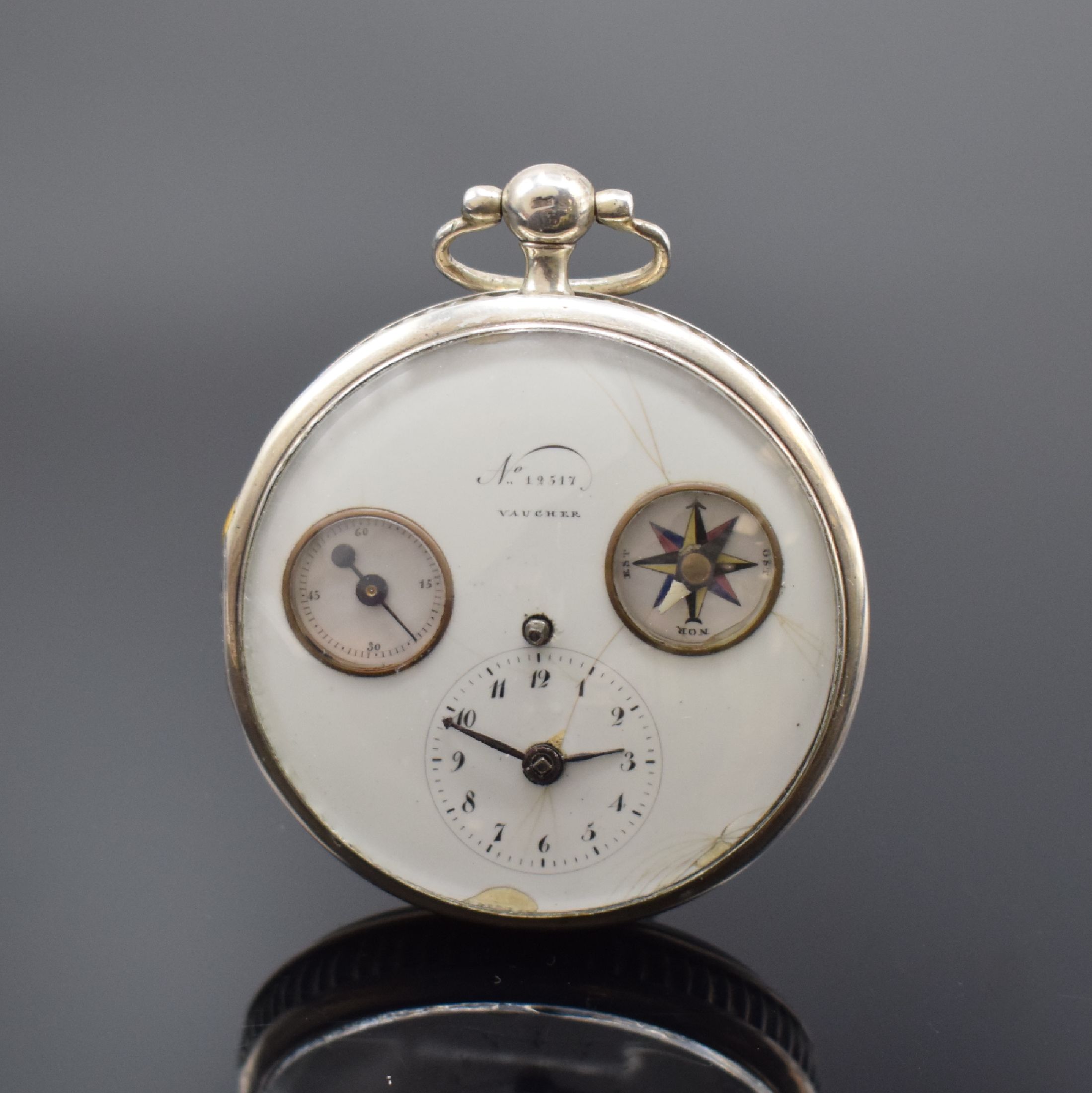 VAUCHER interessante Spindeltaschenuhr mit Kompass und kleiner Sekunde, Schweiz um 1800, beids. vergl. Silbergehäuse, Emailzifferbl. besch. m. ...