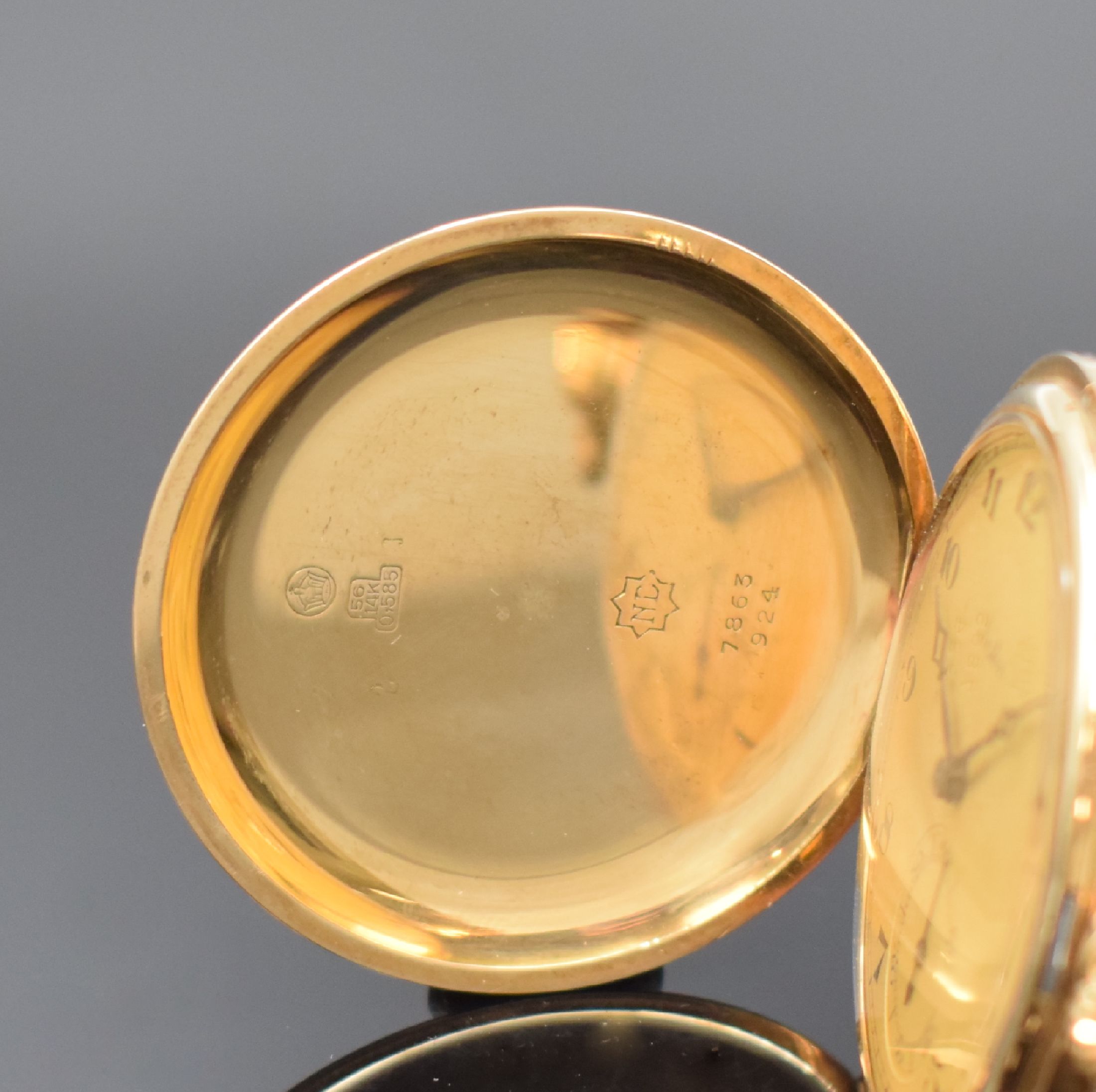 Detail a: NESTOR Savonette in RoseG 585/000, Schweiz um 1915, 3-Deckel Goldgeh., Metallzifferbl., gebl. Kathedralzeiger, arab. Zahlen, Komp.- Unr. m. gebl. ...