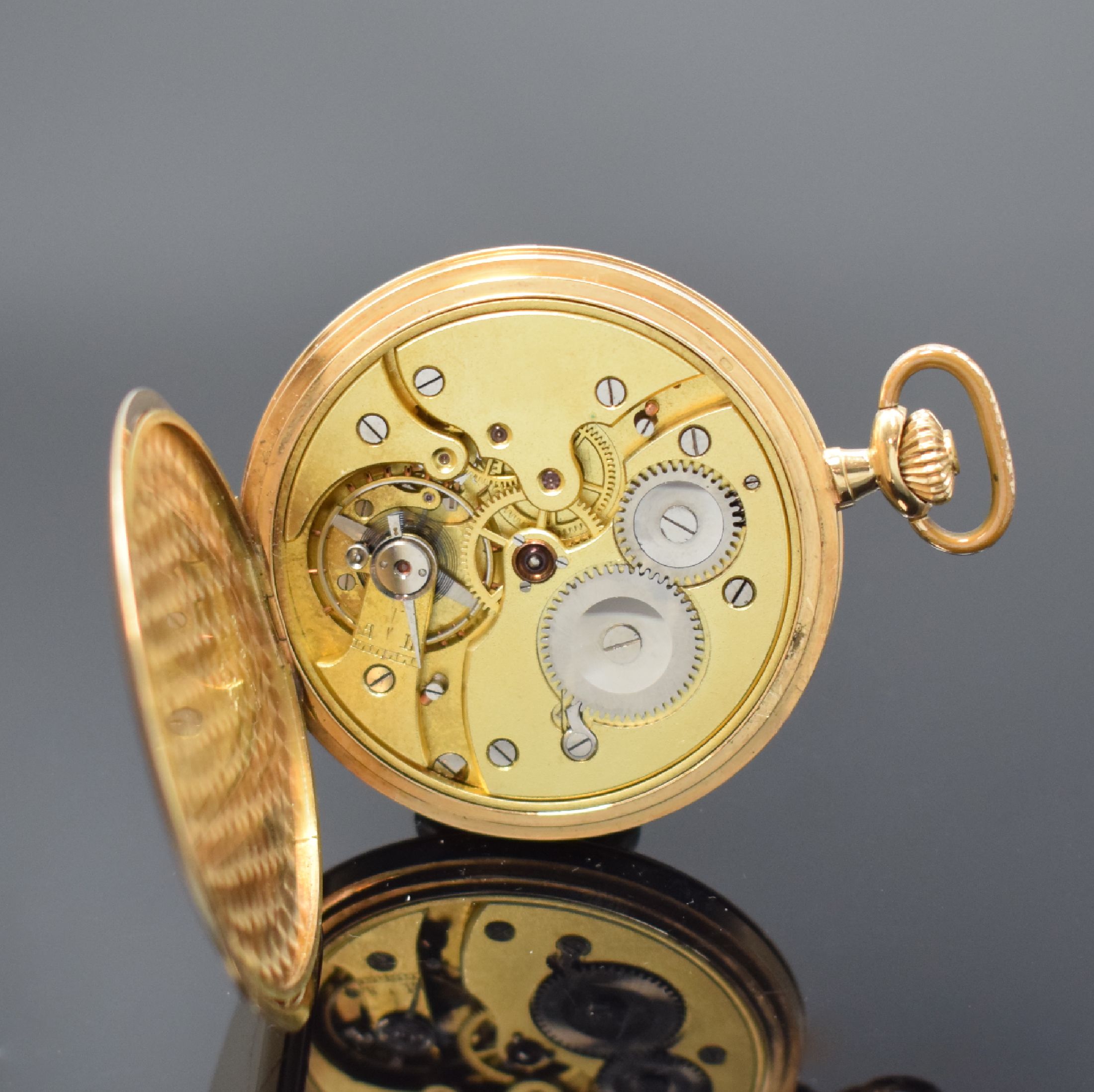 Detail f: NESTOR Savonette in RoseG 585/000, Schweiz um 1915, 3-Deckel Goldgeh., Metallzifferbl., gebl. Kathedralzeiger, arab. Zahlen, Komp.- Unr. m. gebl. ...