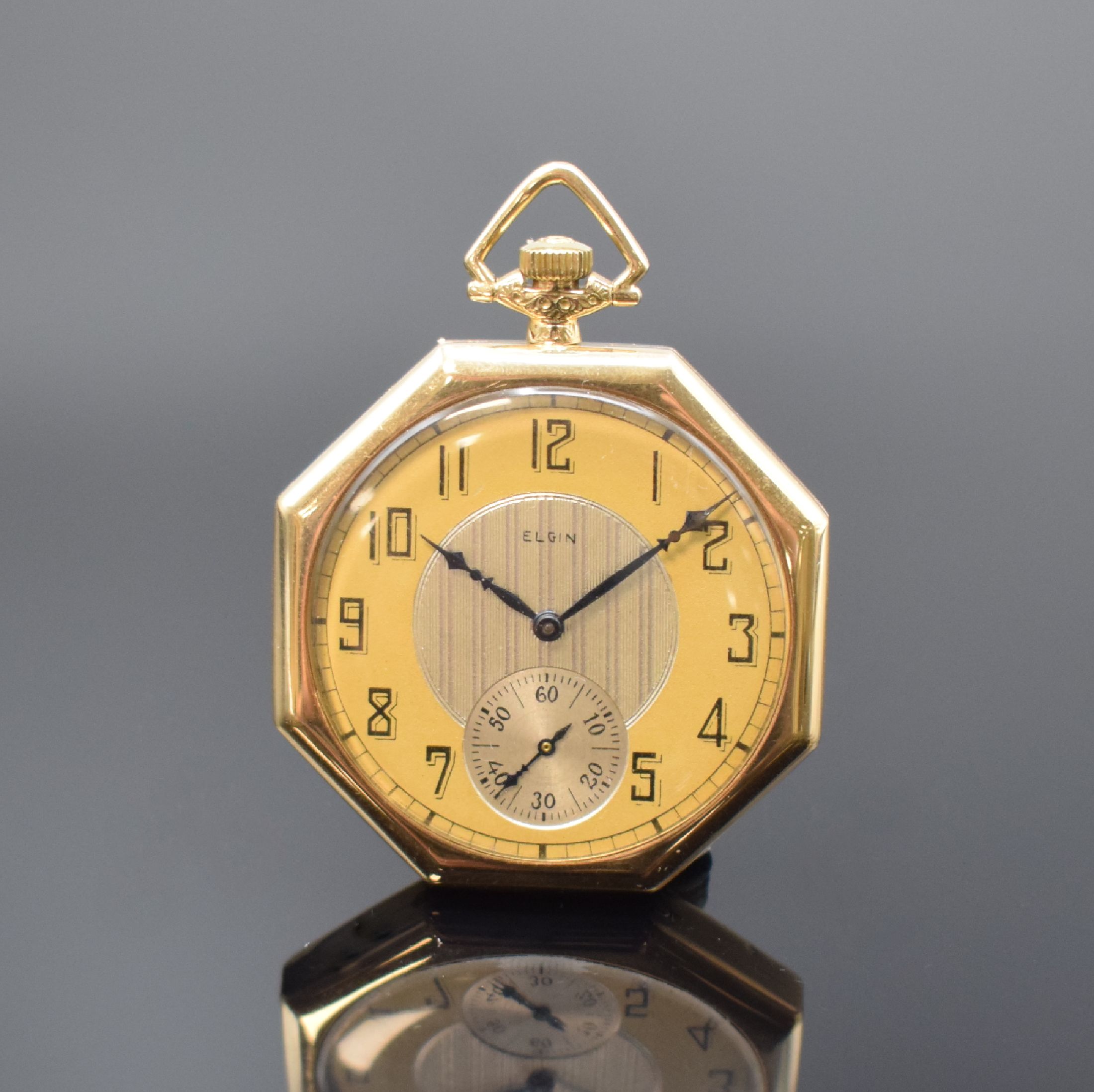 ELGIN offene Taschenuhr in GG 585/000, USA um 1925, 2-teil. Scharniergeh., 2-farb. Zifferbl. m. arab. Zahlen, Rückseite mit Monogramm, ...