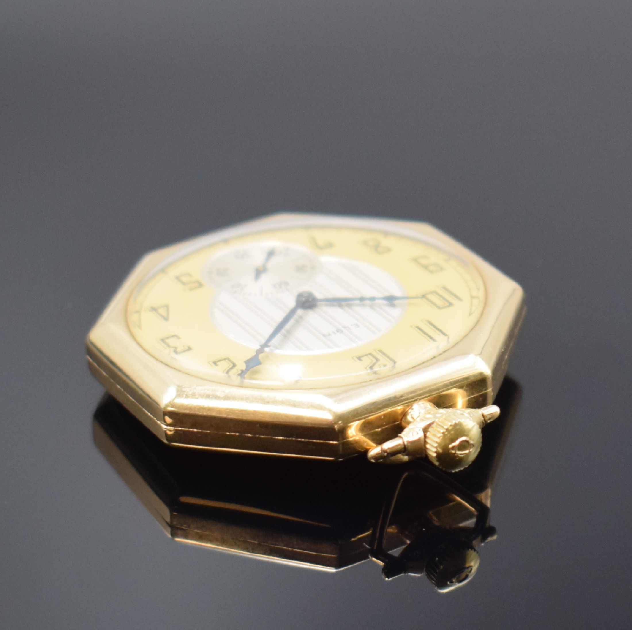 Detail b: ELGIN offene Taschenuhr in GG 585/000, USA um 1925, 2-teil. Scharniergeh., 2-farb. Zifferbl. m. arab. Zahlen, Rückseite mit Monogramm, ...