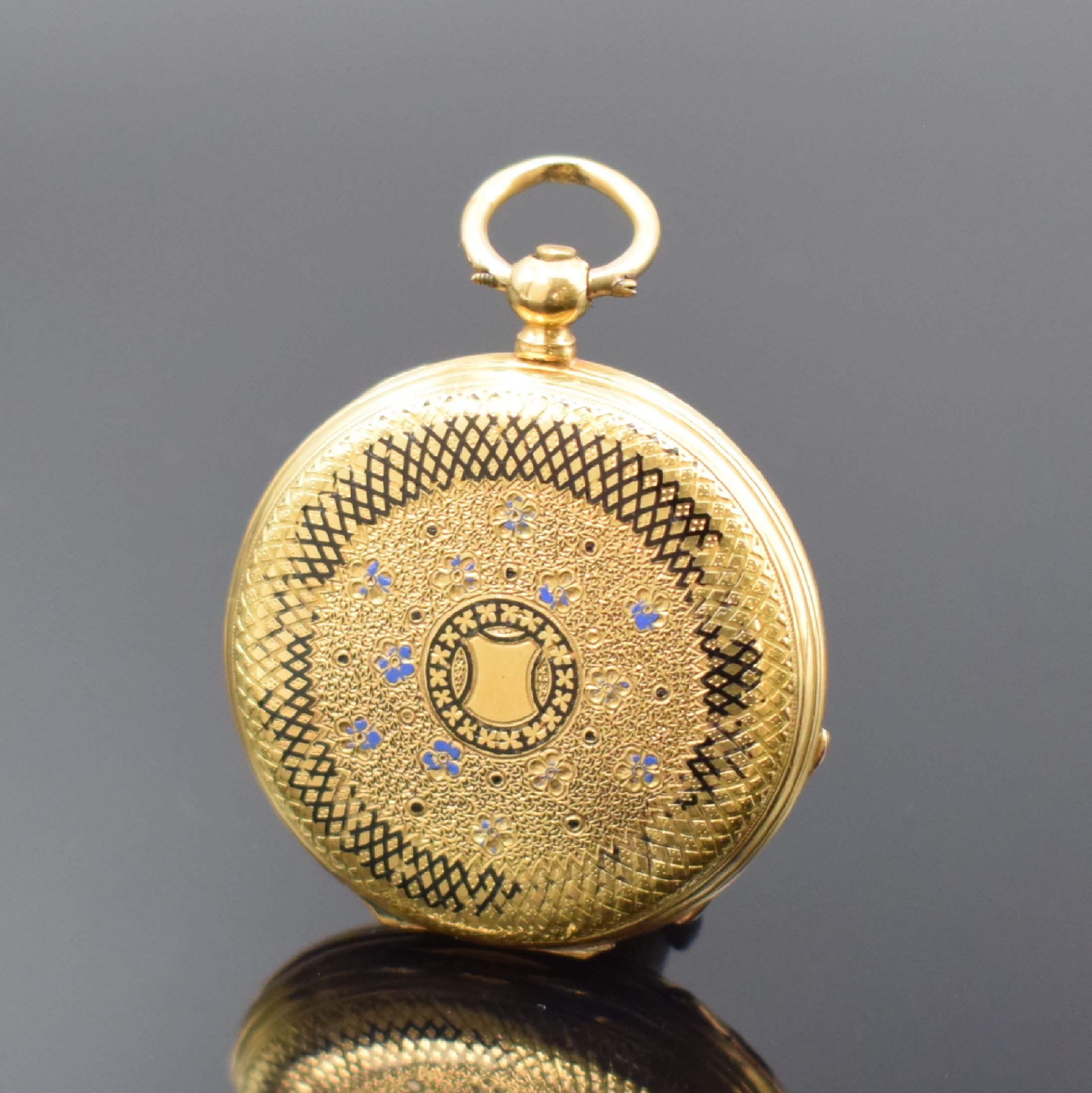 Detail b: DUBOIS & Cie Damentaschenuhr in GG 750/000, Schweiz um 1870, 2-Deckel Goldgeh. dell., Emailzifferbl. riss., Zeiger ers., Zylinderwerk, D. ca. 33 mm, ...