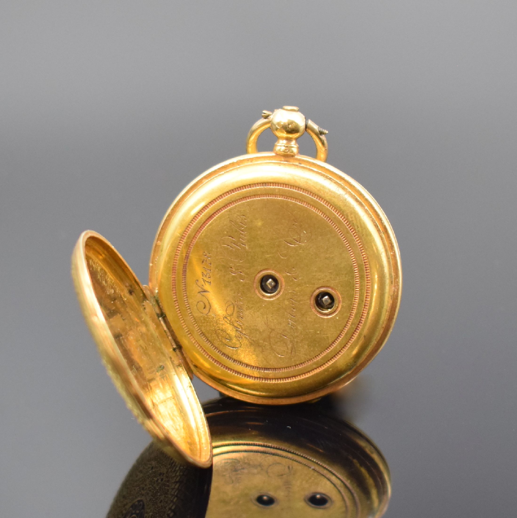 Detail e: DUBOIS & Cie Damentaschenuhr in GG 750/000, Schweiz um 1870, 2-Deckel Goldgeh. dell., Emailzifferbl. riss., Zeiger ers., Zylinderwerk, D. ca. 33 mm, ...