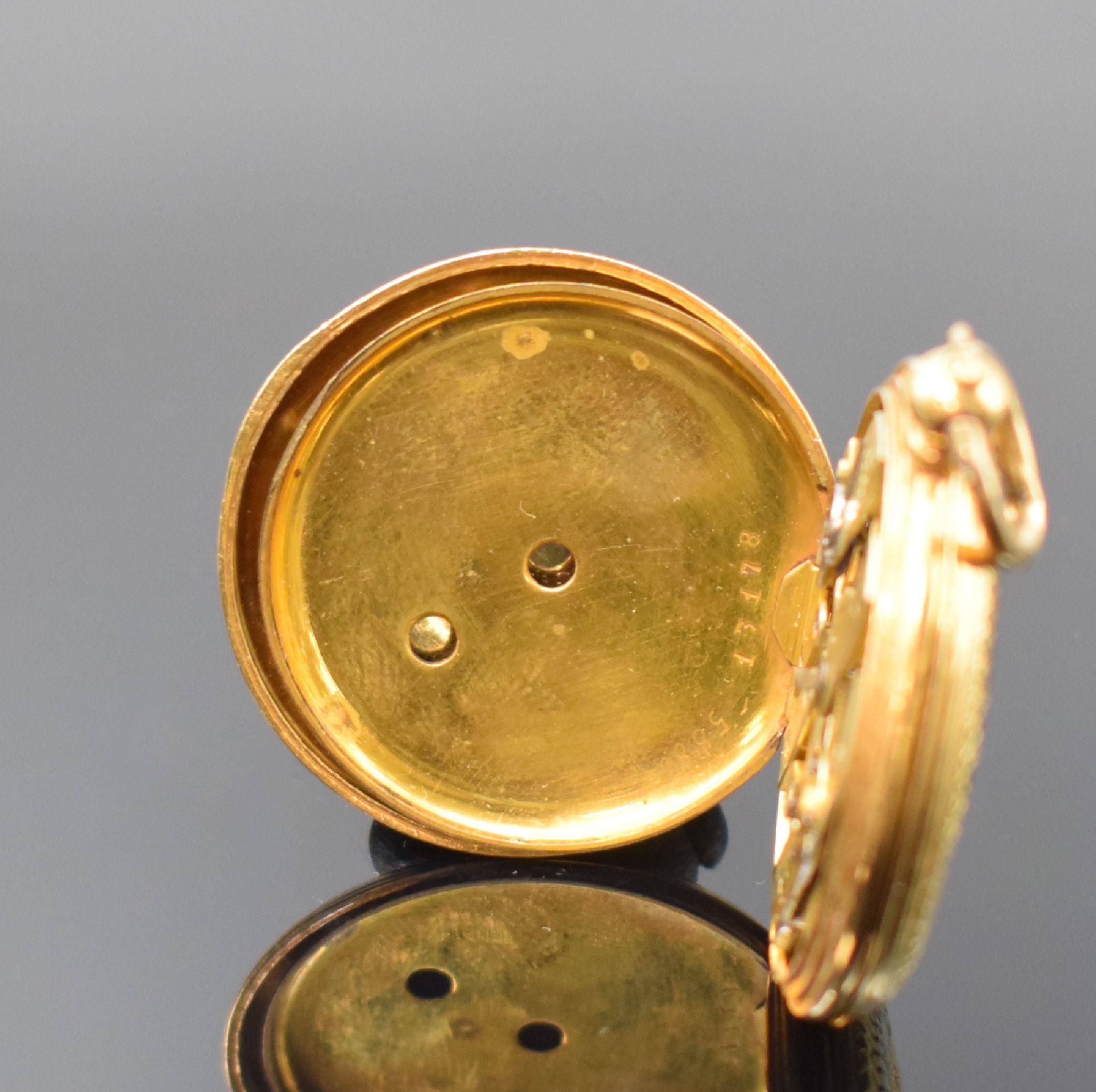 Detail f: DUBOIS & Cie Damentaschenuhr in GG 750/000, Schweiz um 1870, 2-Deckel Goldgeh. dell., Emailzifferbl. riss., Zeiger ers., Zylinderwerk, D. ca. 33 mm, ...