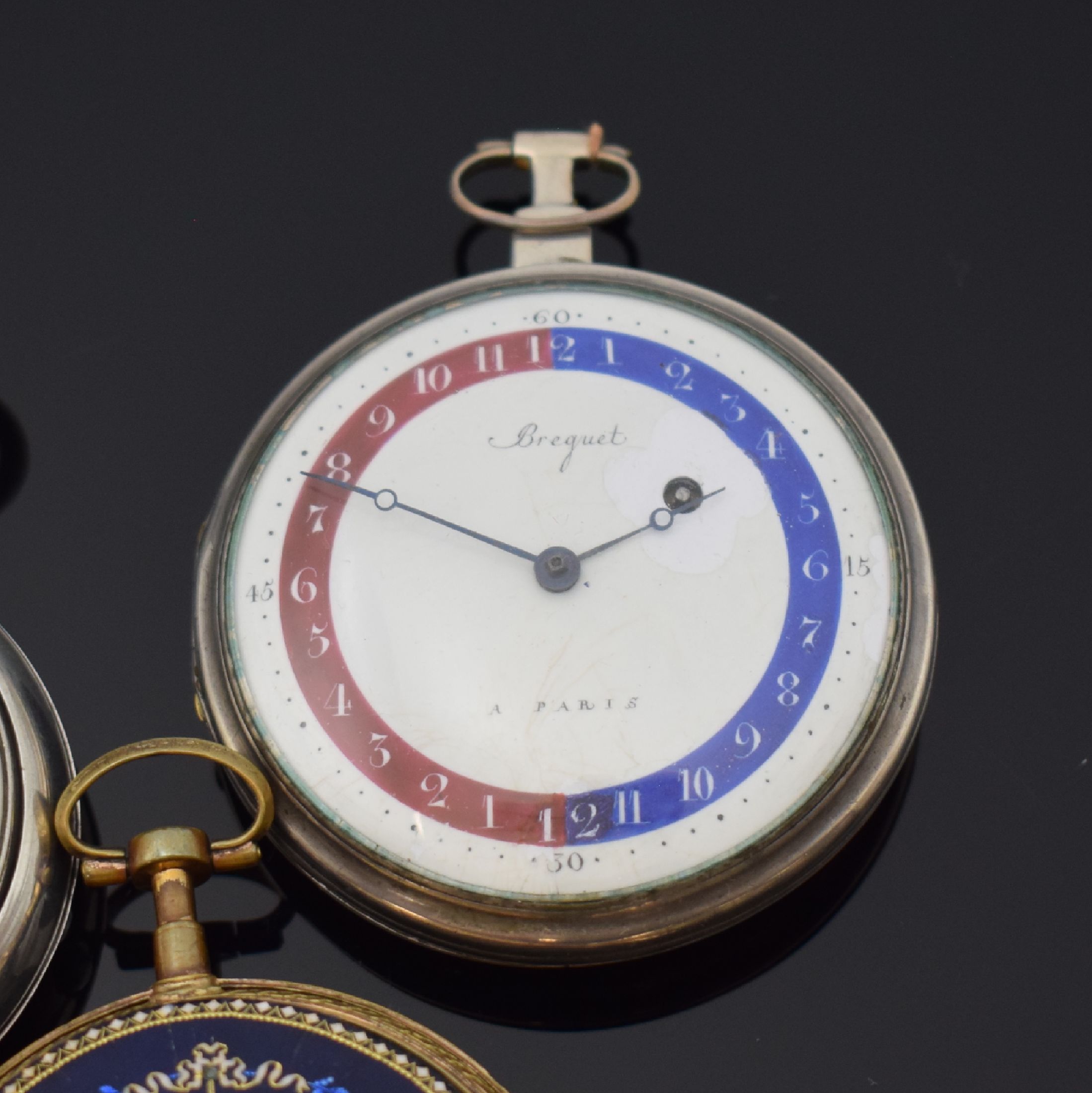 Detail a: 3 Spindeltaschenuhren: BREGUET, Ph. TERROT und Jn. COLLINS, Schweiz/England um 1820 - 1850, 2x in Silber u. 1x verg. und mit Emailmalerei (besch.) u. ...