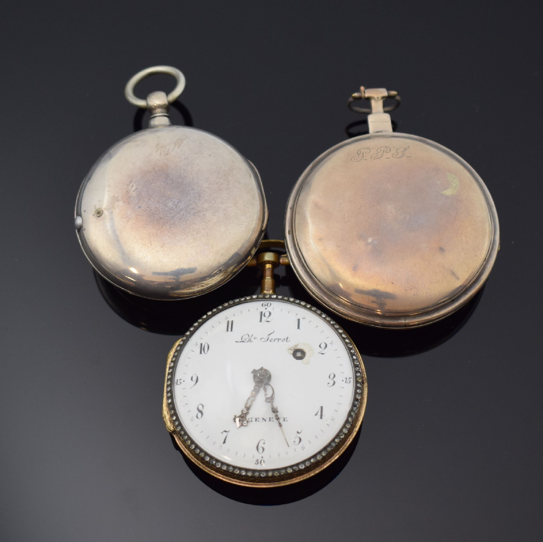 Detail b: 3 Spindeltaschenuhren: BREGUET, Ph. TERROT und Jn. COLLINS, Schweiz/England um 1820 - 1850, 2x in Silber u. 1x verg. und mit Emailmalerei (besch.) u. ...