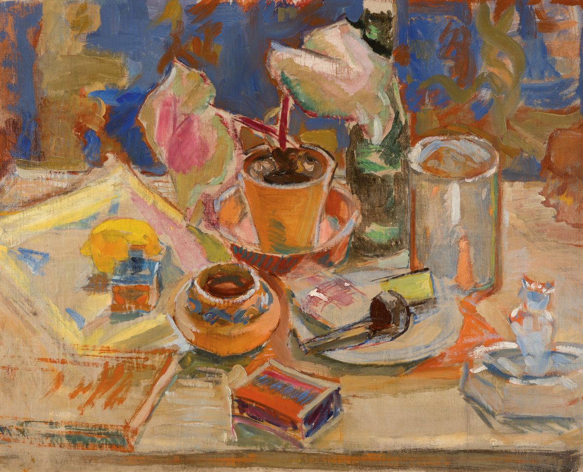 Adolf Doerner, 1892 - 1964 Ilbesheim, Stillleben mit einer Vielzahl differenzierter Alltagsobjekte, Öl/Lwd, unsigniert, 60x75 cm, Rahmen 74x89 cm; ...