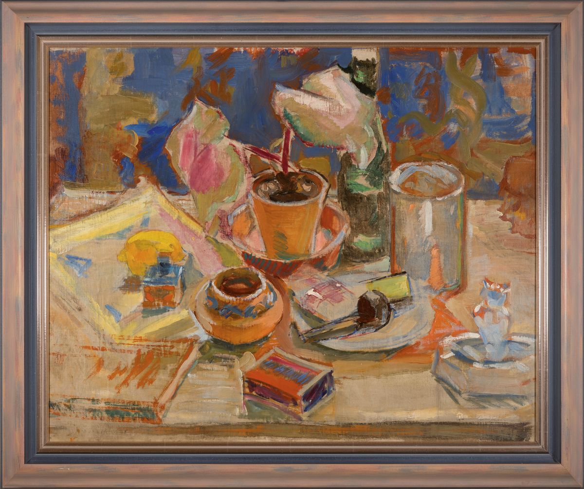Detail k: Adolf Doerner, 1892 - 1964 Ilbesheim, Stillleben mit einer Vielzahl differenzierter Alltagsobjekte, Öl/Lwd, unsigniert, 60x75 cm, Rahmen 74x89 cm; ...