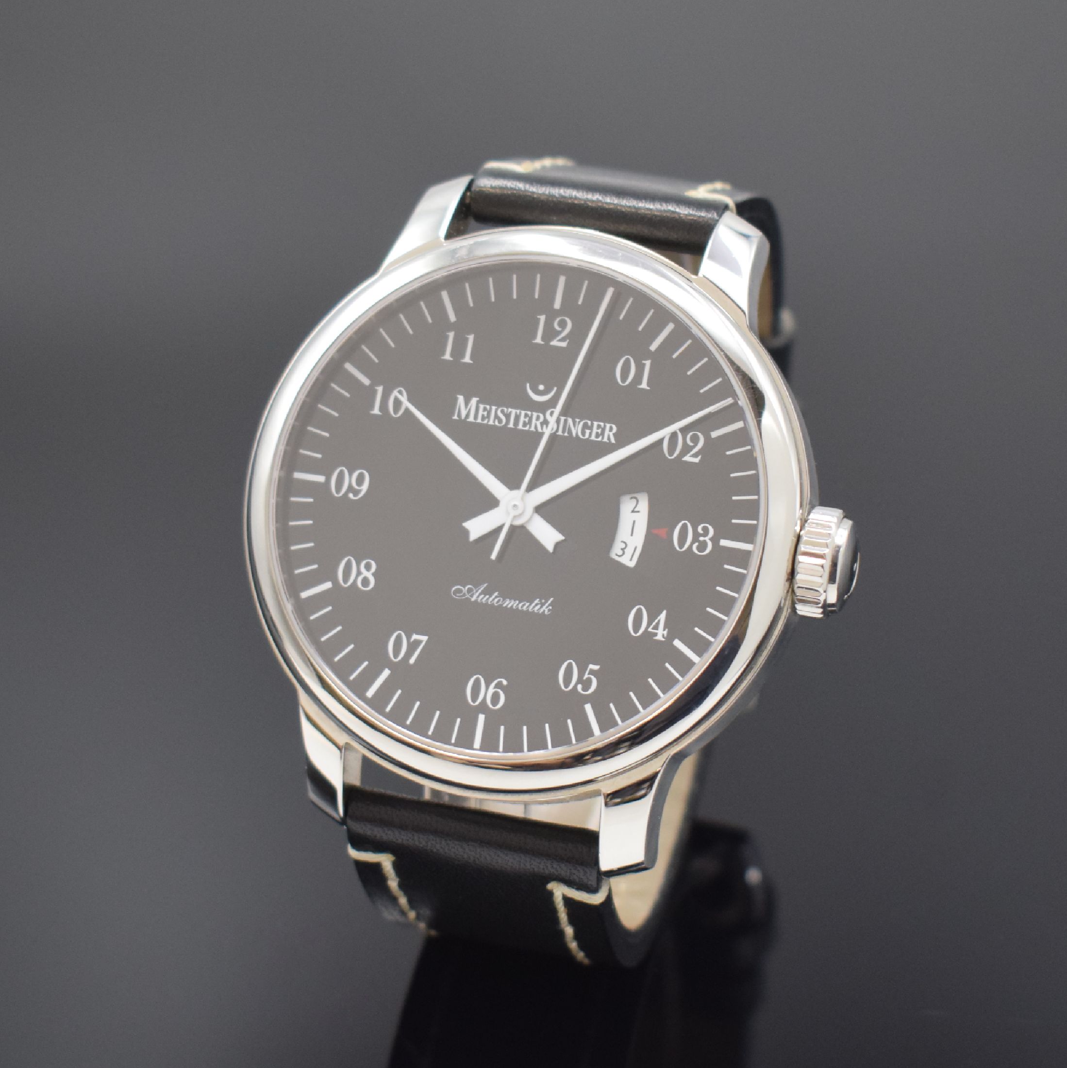 MEISTERSINGER Herrenarmbanduhr Gran Matic in Edelstahl Referenz GM202, Schweiz um 2010, Automatik, orig. Lederband m. orig. Dornschl., Boden 6-fach ...